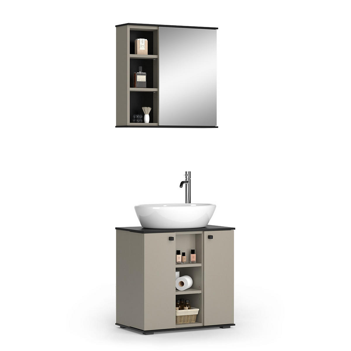 BADMÖBEL-SET Joli Greige 2 Teile - Greige/Schwarz, Holzwerkstoff (60/59/37cm) - Vicco
