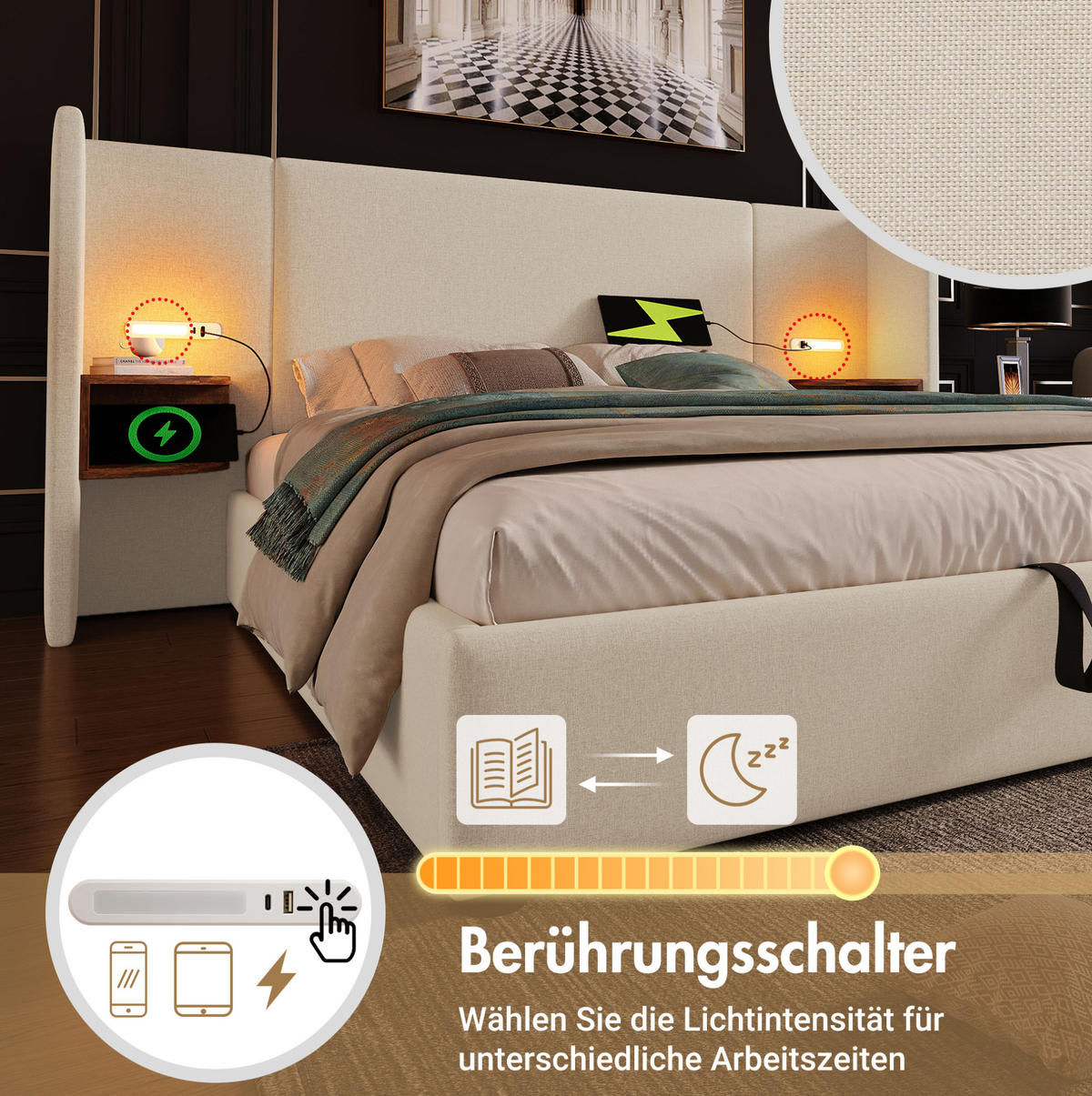 POLSTERBETT 160/200 cm Beige aus Leinen mit Stauraum - Beige, Textil (160/200cm) - OKMYHOME
