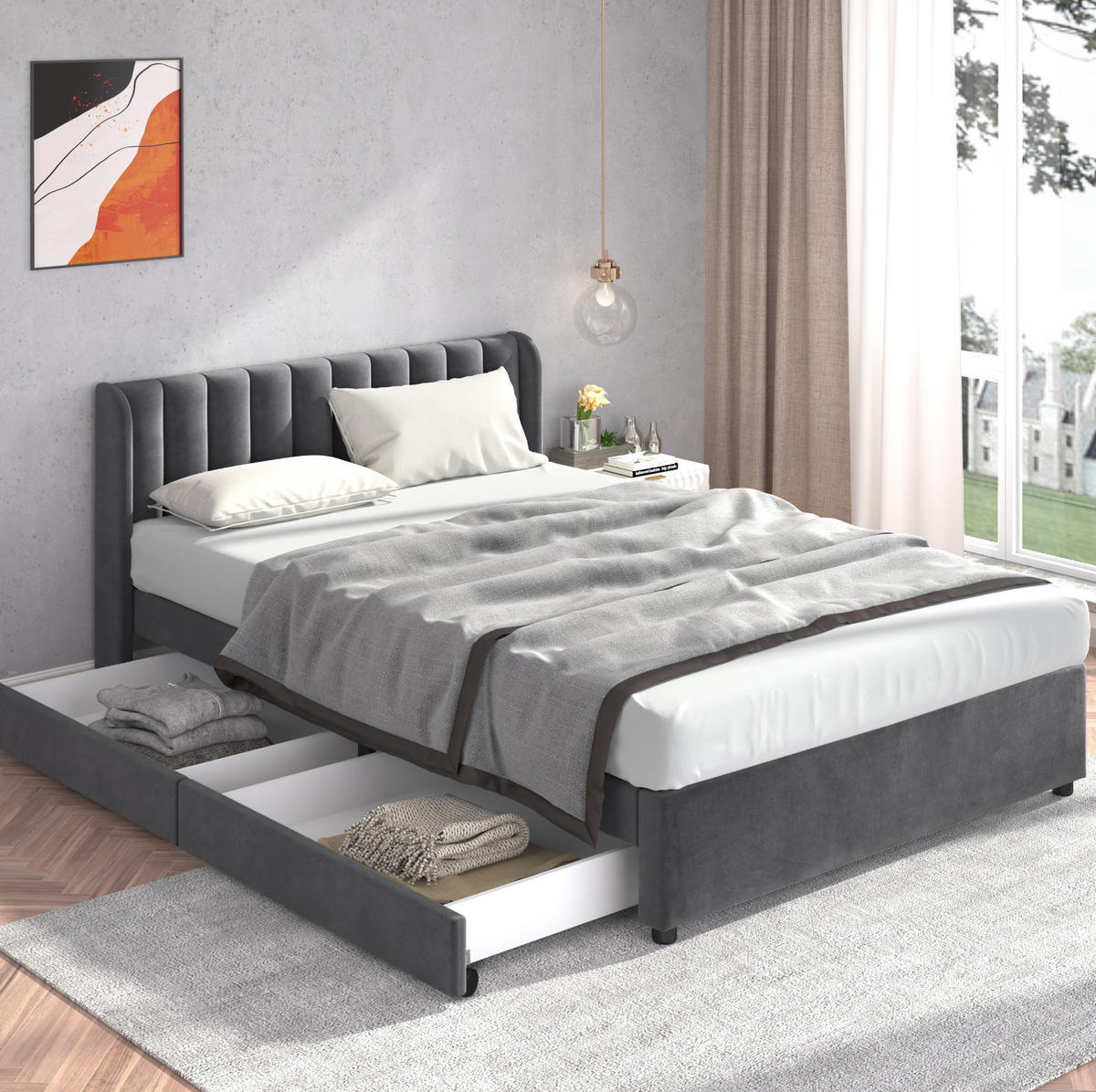 POLSTERBETT mit 2 Schubladen 140x200 cm Samt Grau - Grau, Holzwerkstoff (140/200cm) - Beauniv