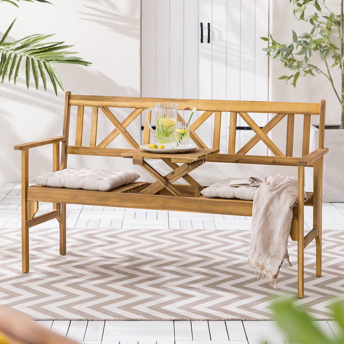 GARTENBANK MIT AUSKLAPPBAREM TISCH - Akazie massiv - Braun - Braun, Holz (150/90/60cm) - home24