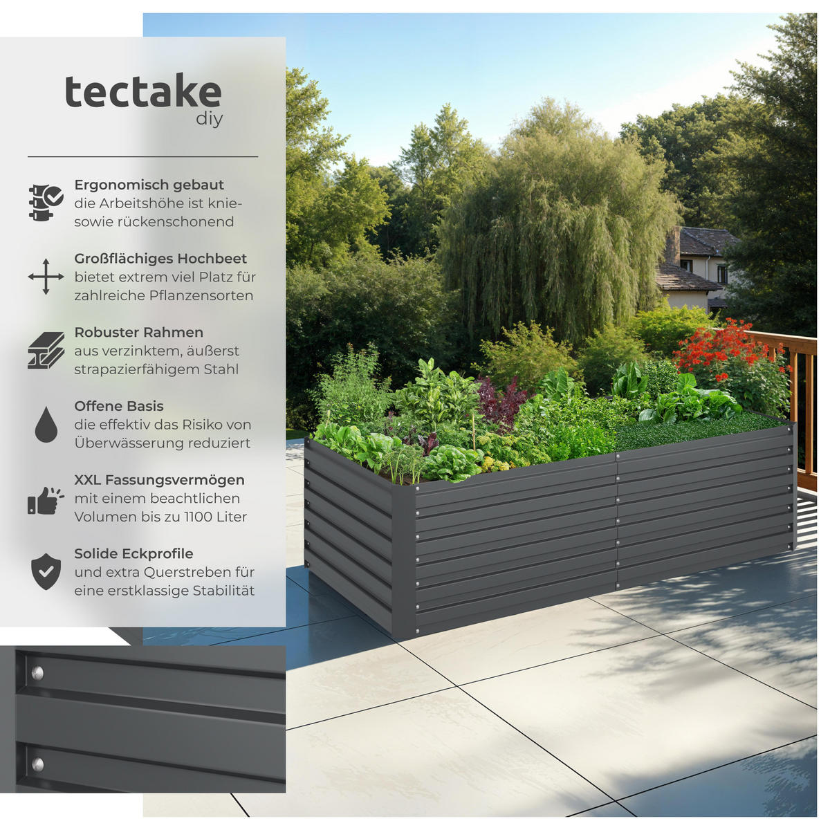 HOCHBEET Blomma,200 x 100 x 56 cm,anthrazit - Anthrazit, Metall (200/56/100cm) - tectake