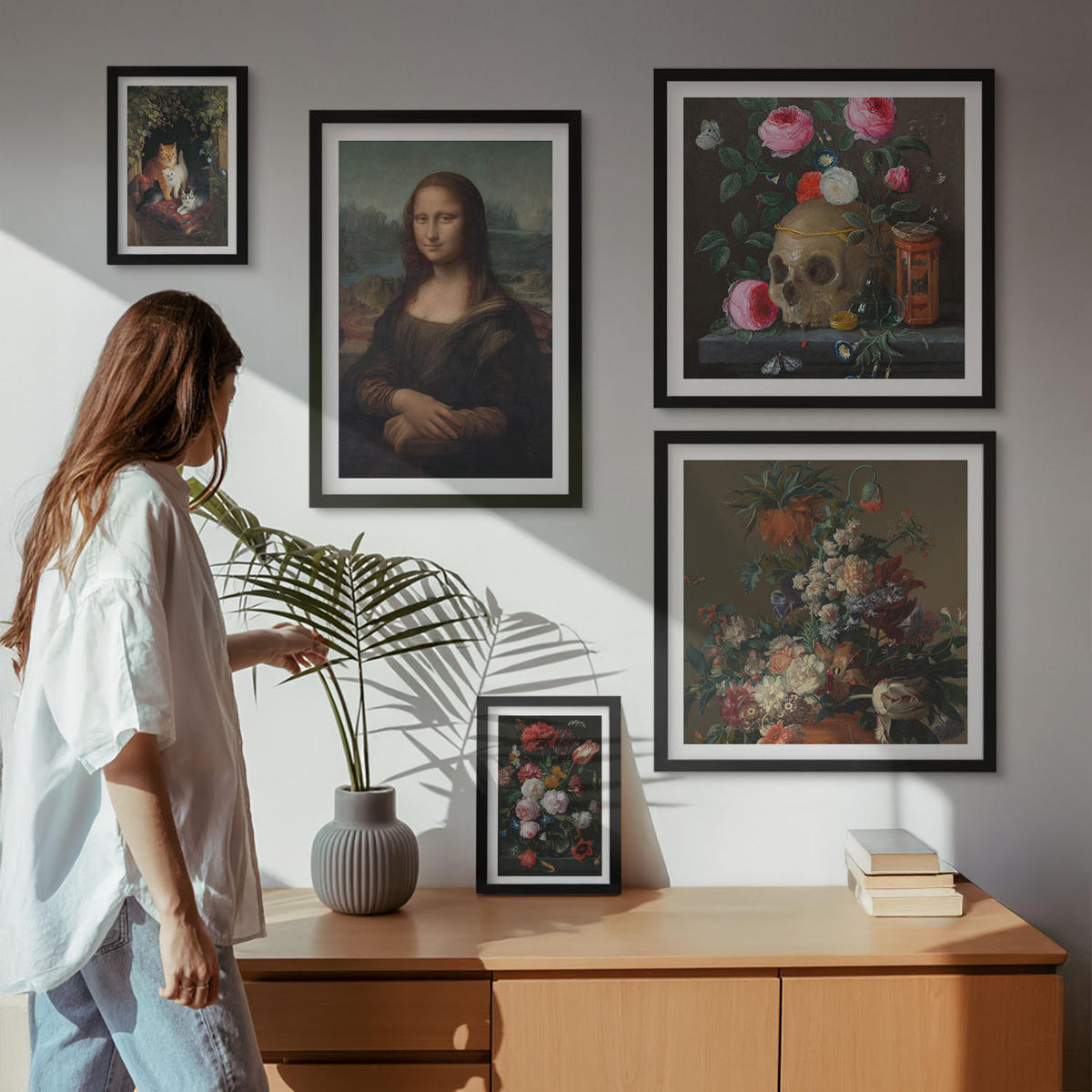 BILDER SET 5er Set - 50x50 cm & 20x30 cm & 40x60 cm Schwarzer Rahmen - Vintage Blumen Totenkopf Mona Lisa - Schwarz, Kunststoff (40/60cm) - TULUP