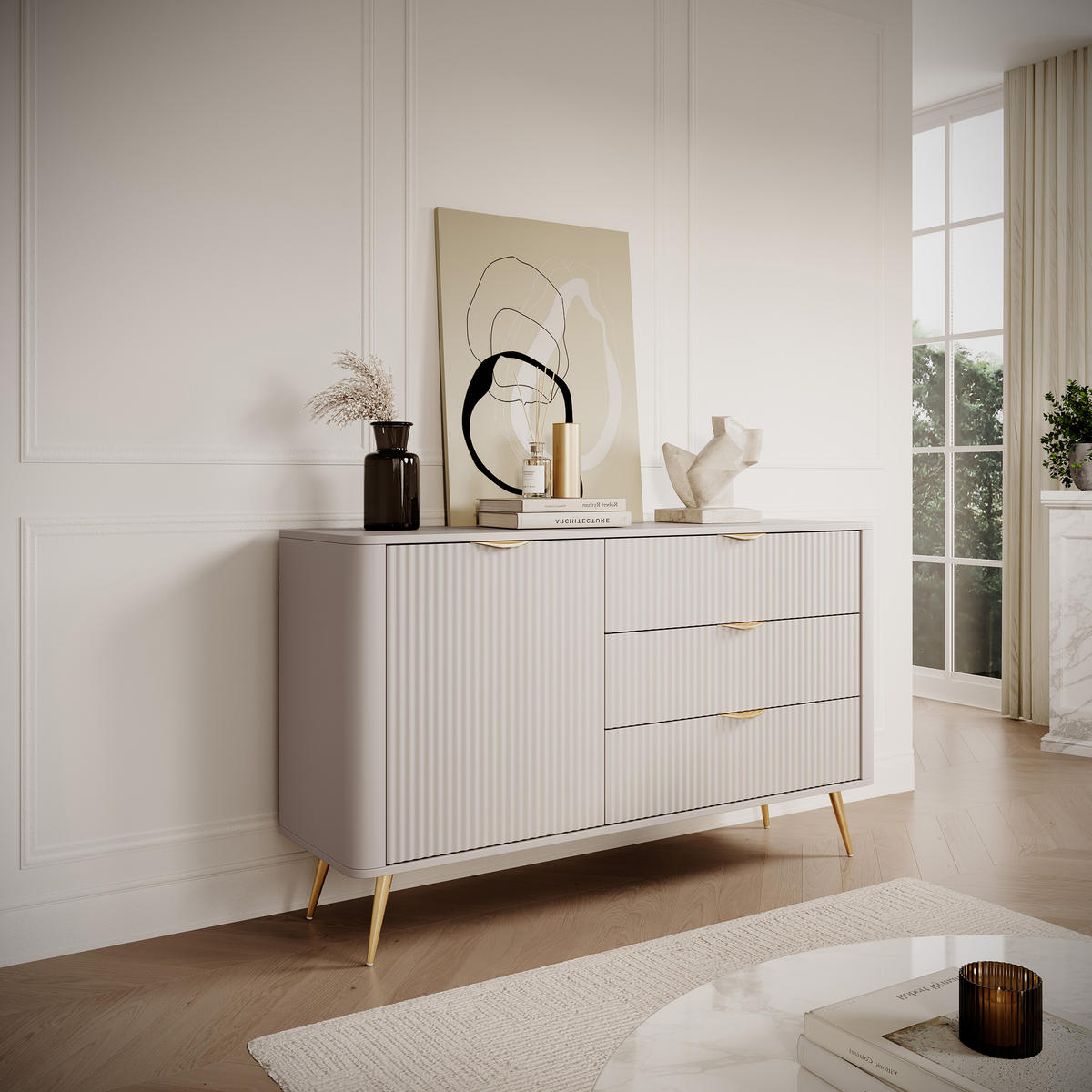 SIDEBOARD LANTANA 138/81/38 cm mit 3 Schubladen und 1 Türen Beige - Beige, Holzwerkstoff (138/81/38cm) - MASSENO