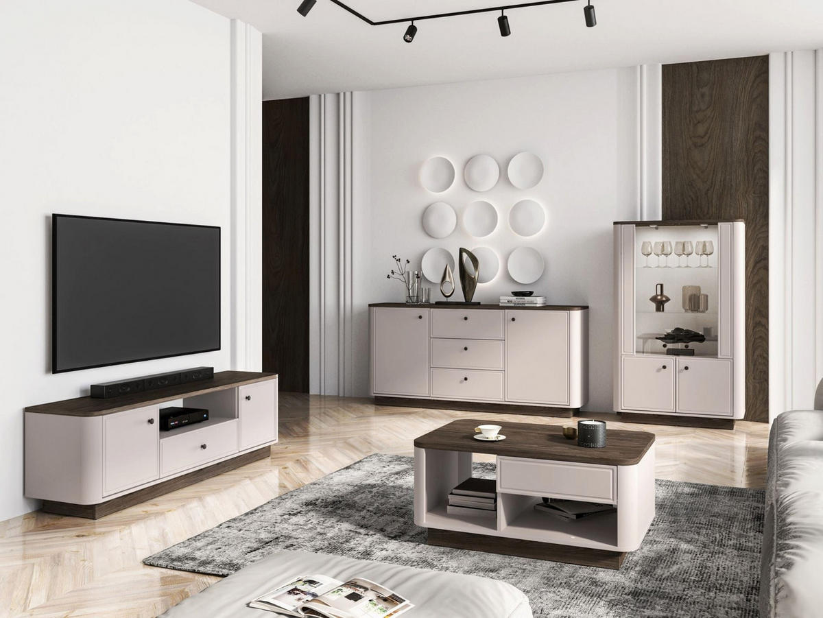 VITRINE Vilavio 4-türig Kaschmirgrau/Eichenoptik 92 cm - Taupe/Dunkelbraun, Holzwerkstoff (91.6/141.5/40cm) - Selsey