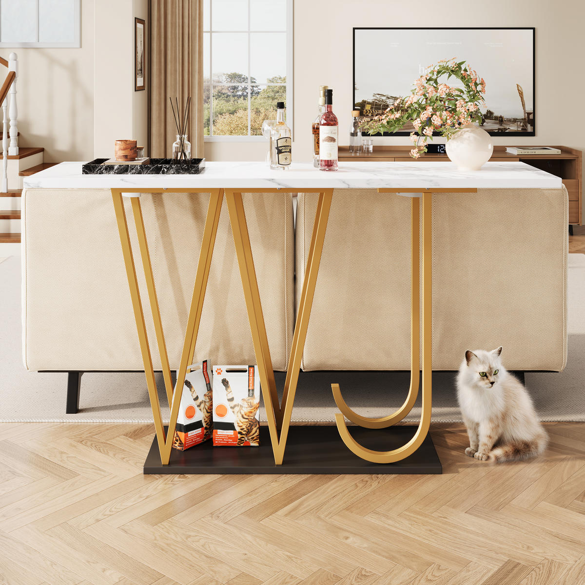 KONSOLENTISCH 120/29,5/80 cm Weiß Marmoroptik mit Stauraum aus MDF Metall - Weiß, Holzwerkstoff (120/29.5/80cm) - OKWISH