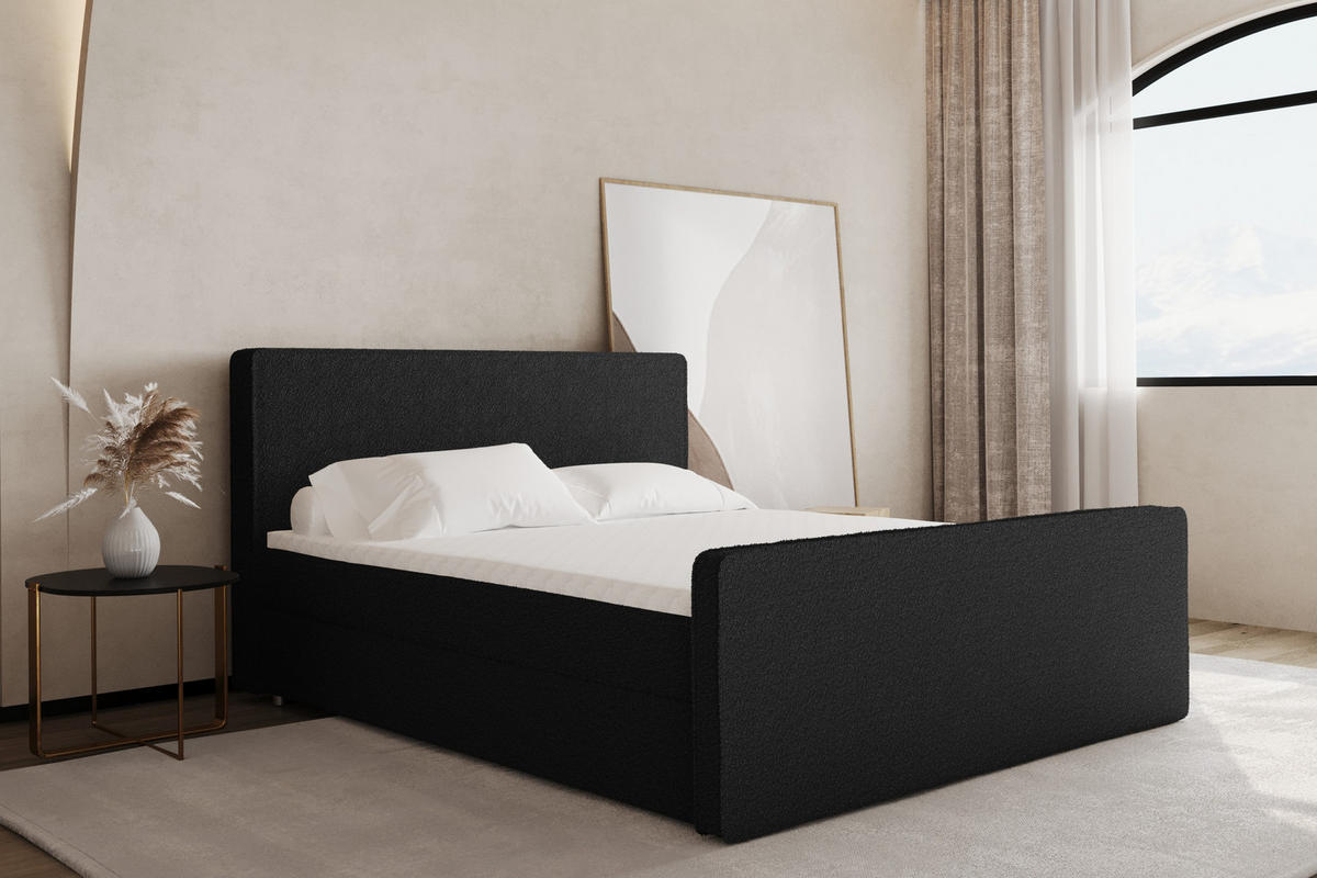BOXBETT mit Bettkasten Matratze Topper LAGUNE Stoff Loop Schwarz 180x200 cm H3-Bonell - Schwarz, Holz/Holzwerkstoff (180/200cm) - Kaiser Möbel
