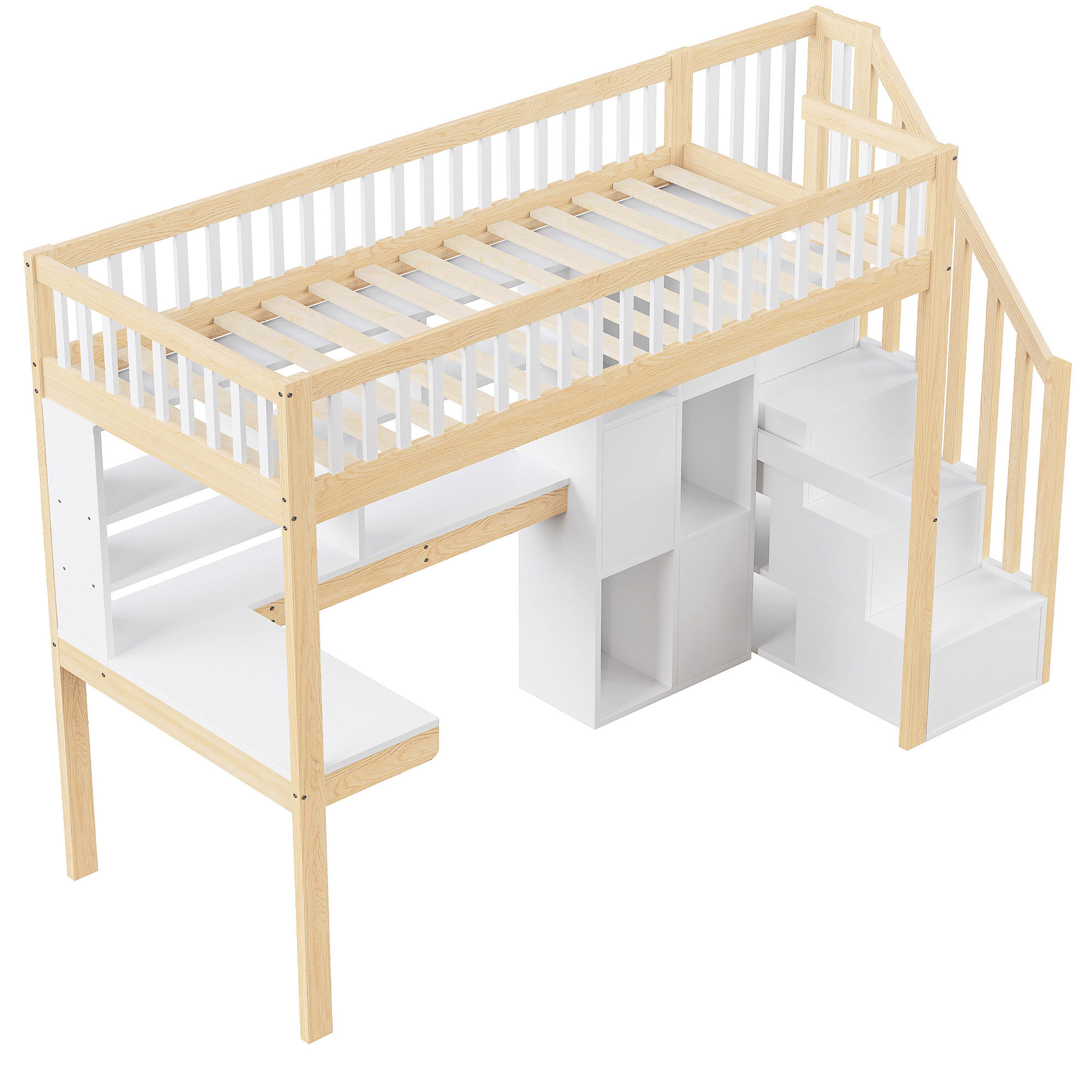 HOCHBETT 90/200 cm DE-04821, mit LED, Ablageleiter und Schreibtisch in Weiß/Natur - Naturfarben/Weiß, Holz/Holzwerkstoff (90/200cm) - ComfortXL