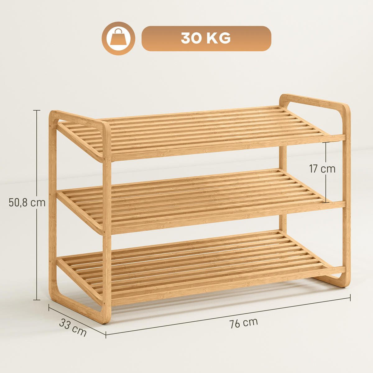 SCHUHREGAL mit 3 Ebenen Schuhaufbewahrung Schuh-Organizer für 9-12 Paar - Naturfarben, Holz/Bambusholz (33/50.8/76cm) - HOMCOM