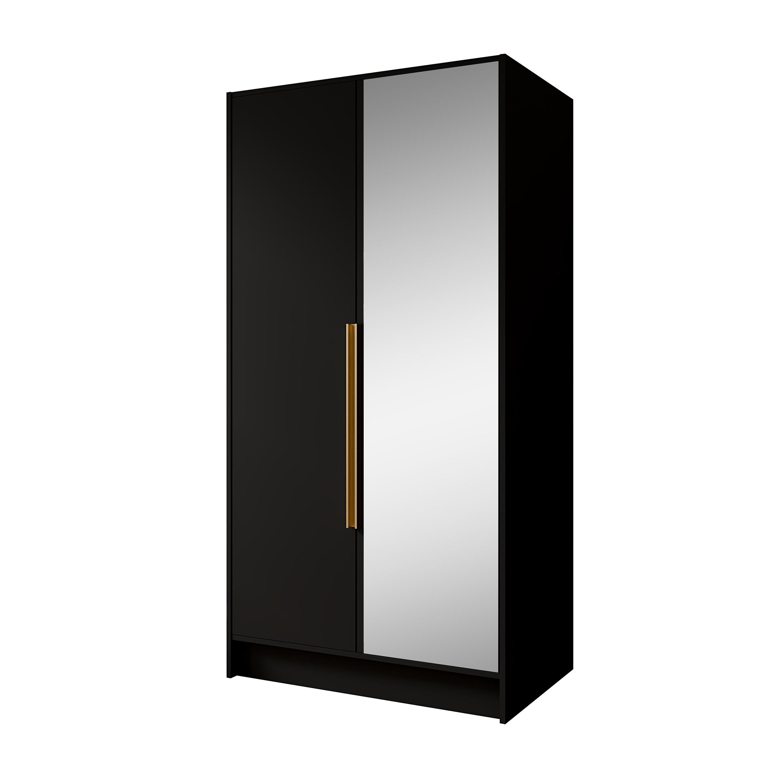 DREHTÜRENSCHRANK Laro mit Spiegel, Schwarz mit goldenen Griffen, 100 cm - Schwarz, Holzwerkstoff (100/200/51cm) - Beautysofa