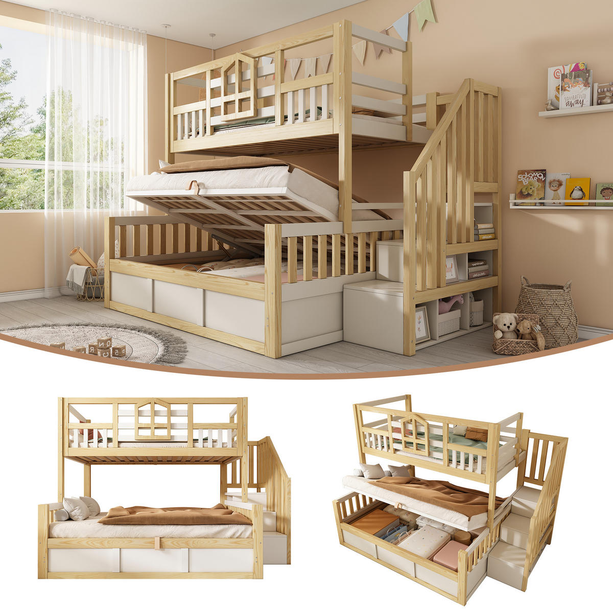 ETAGENBETT 90/200 cm & 140/200 cm in Weiß & Eichefarben mit Bettkasten, Treppe mit Ablagefächern und Fenstern - Weiß/Naturfarben, Holzwerkstoff (140/200cm) - STILVORA