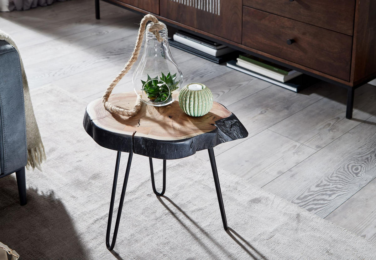 BEISTELLTISCH – Massivholz Natur Baumkante handgefertigt Industrial - Beige/Schwarz, Holz/Metall (32/40/40cm) - KADIMA DESIGN