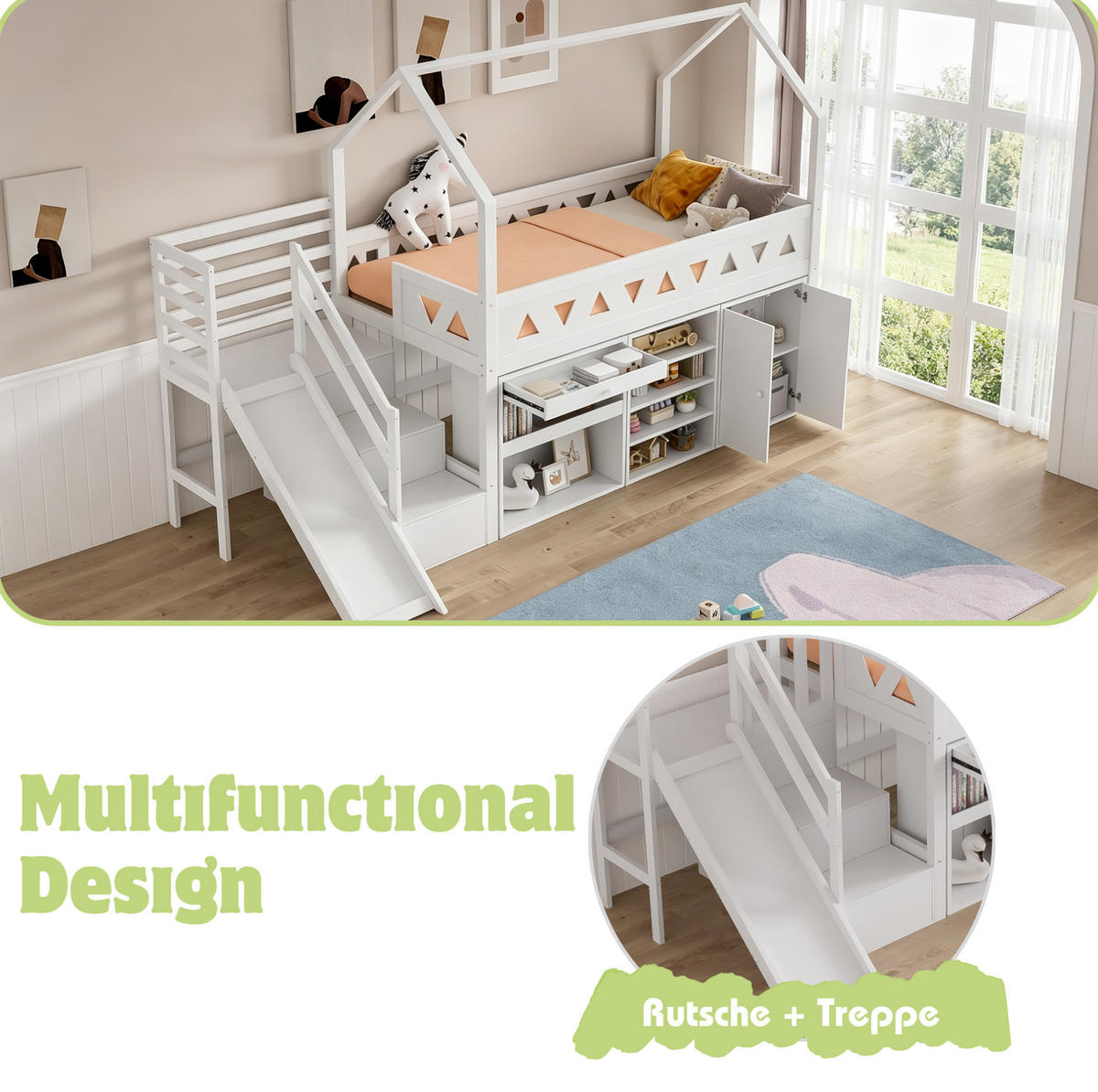 KINDERBETT 90/200 cm mit Rutsche, Treppe, Schubladen und Stauraum, Massivholz, Weiß - Weiß, Holz (90/200cm) - Redom