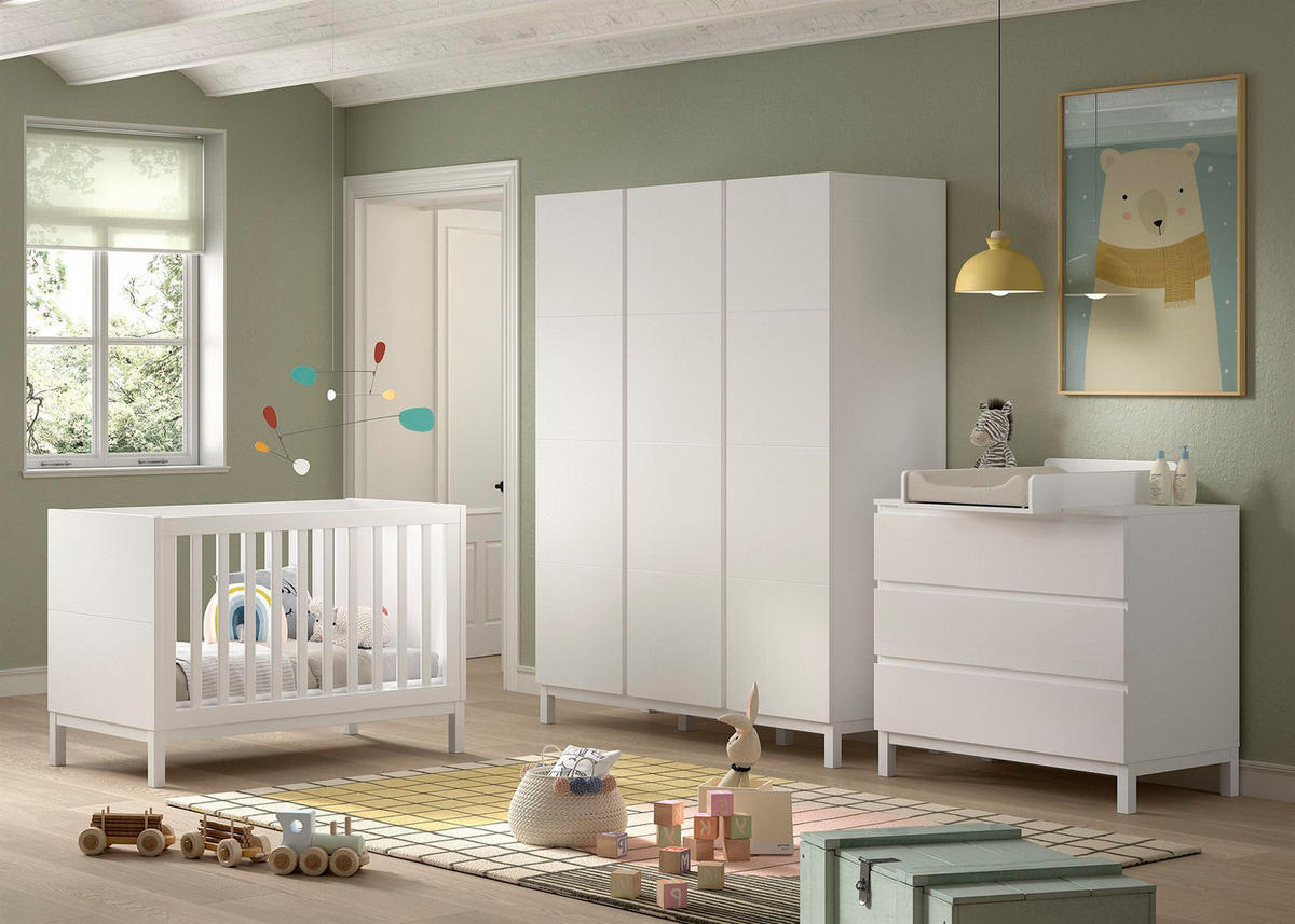 BABYZIMMER SET Keely Kiefer & MDF weiß Babybett Wickelkommode Schrank - Weiß, Holz (58/196/149cm) - 58aufmkessel
