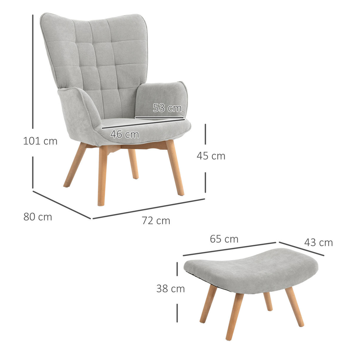 KŘESLO s podnožkou 72/80/101 cm šedé z polyesteru s taburetem a dřevěnými nohami - šedá, textil (72/101/80cm) - OKWISH