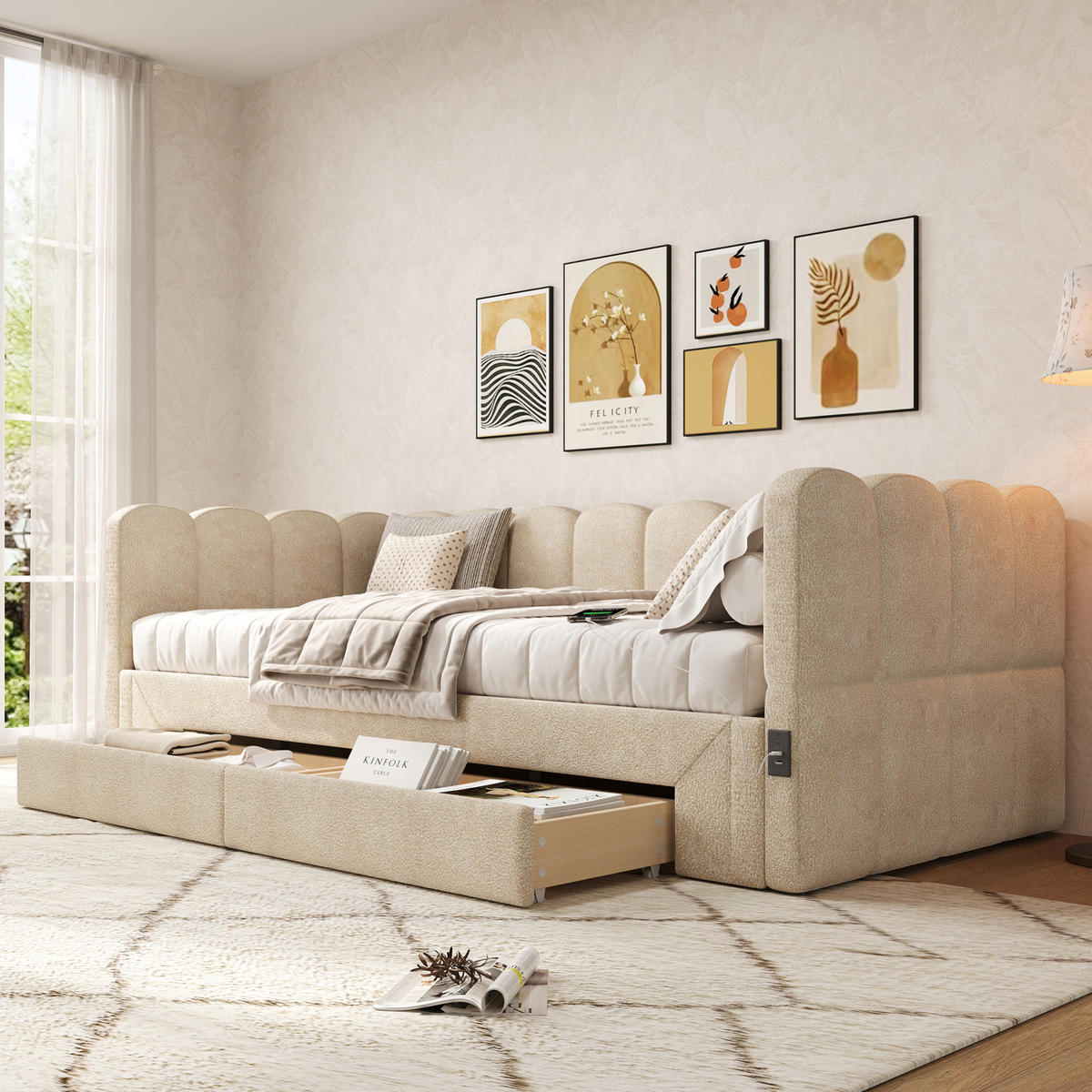 POLSTERBETT aus Chenille 90x200 cm in Beige mit Ausziehfunktion & USB - Beige, Textil (90/200cm) - Modfu