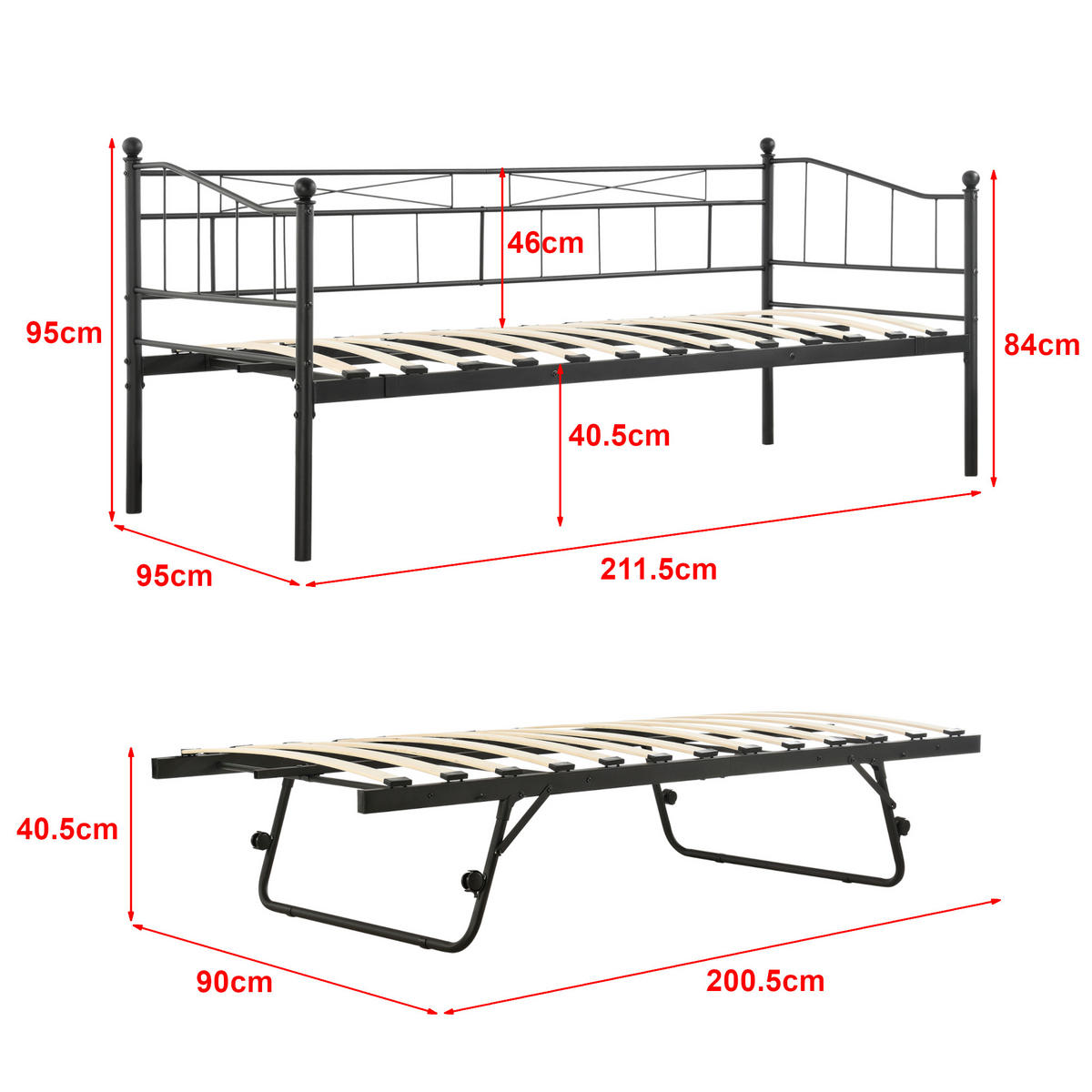 TAGESBETT Skutskär - Schwarz, Metall (90/200cm) - [en.casa]