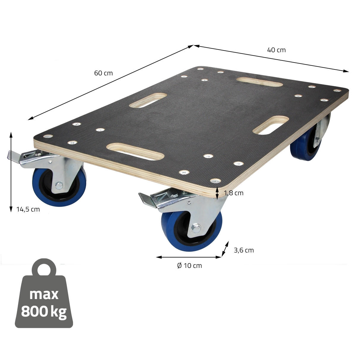 TRANSPORTROLLER 2er Set mit 4 Rollen 2 mit Bremsen 40x60 cm Traglast 800kg Siebdruck Holzplatte Black - Dunkelgrau, Holzwerkstoff (40/60/14.5cm) - ECD-Germany