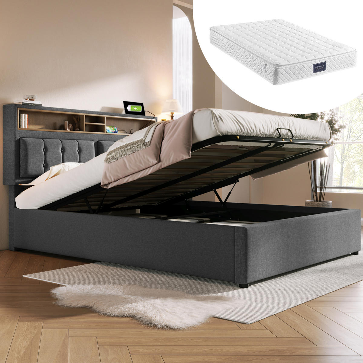 POLSTERBETT aus Leinen 140x200 cm in Grau mit Stauraum & USB-C-Ladestation - Grau, Textil (140/200cm) - Modfu