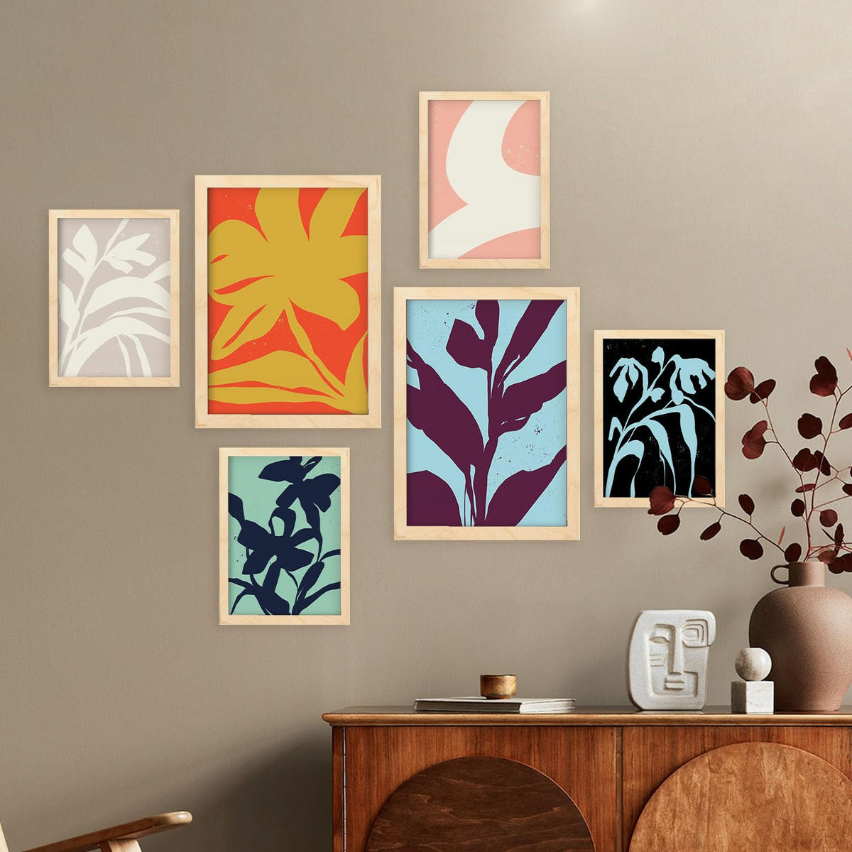 POSTER Set Mit 6 Streifenblätter In Blume Zusammenfassung Ästhetische Dekorative Gemälde Für Ihr Wohnzimmer Zuhause A3 & A4 Rahmen Aus Hellem Holz - Beige, Papier (29/3cm) - Nacnic