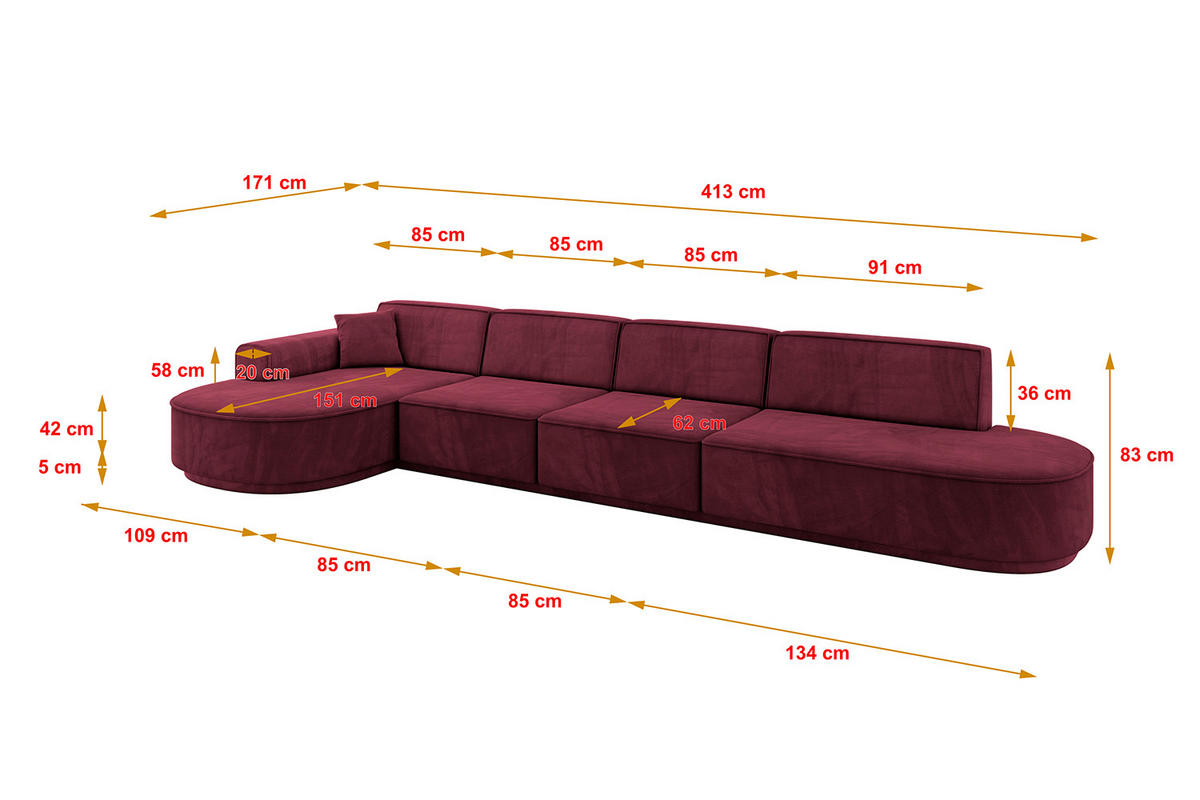 ECKSOFA Ottomane Links MARI-L3-v3 - 413x171x83 cm Bordeaux Velours - Bordeaux/Schwarz, Holzwerkstoff/Kunststoff (413/171cm) - ALTDECOR