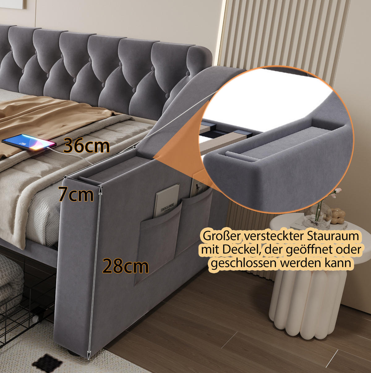 POLSTERBETT 90/190 cm Dunkelgrau mit USB- und Type-C-Anschlüssen und Stauraum - Grau, Textil (90/190cm) - Flora Grace