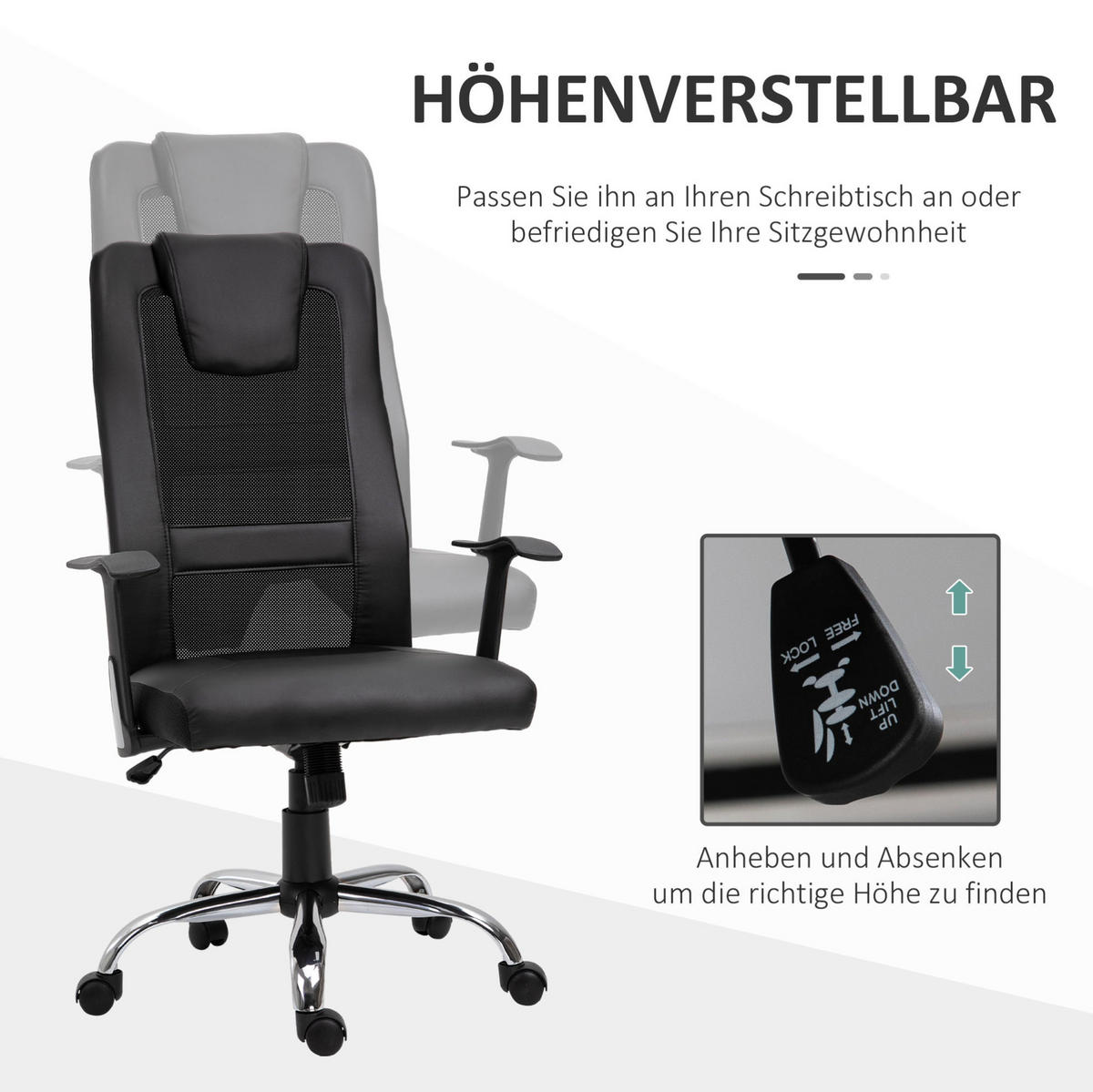BÜROSTUHL ergonomisch höhenverstellbar Kunstleder Schwarz - Schwarz, Metall (73/118/66cm) - Meubliv