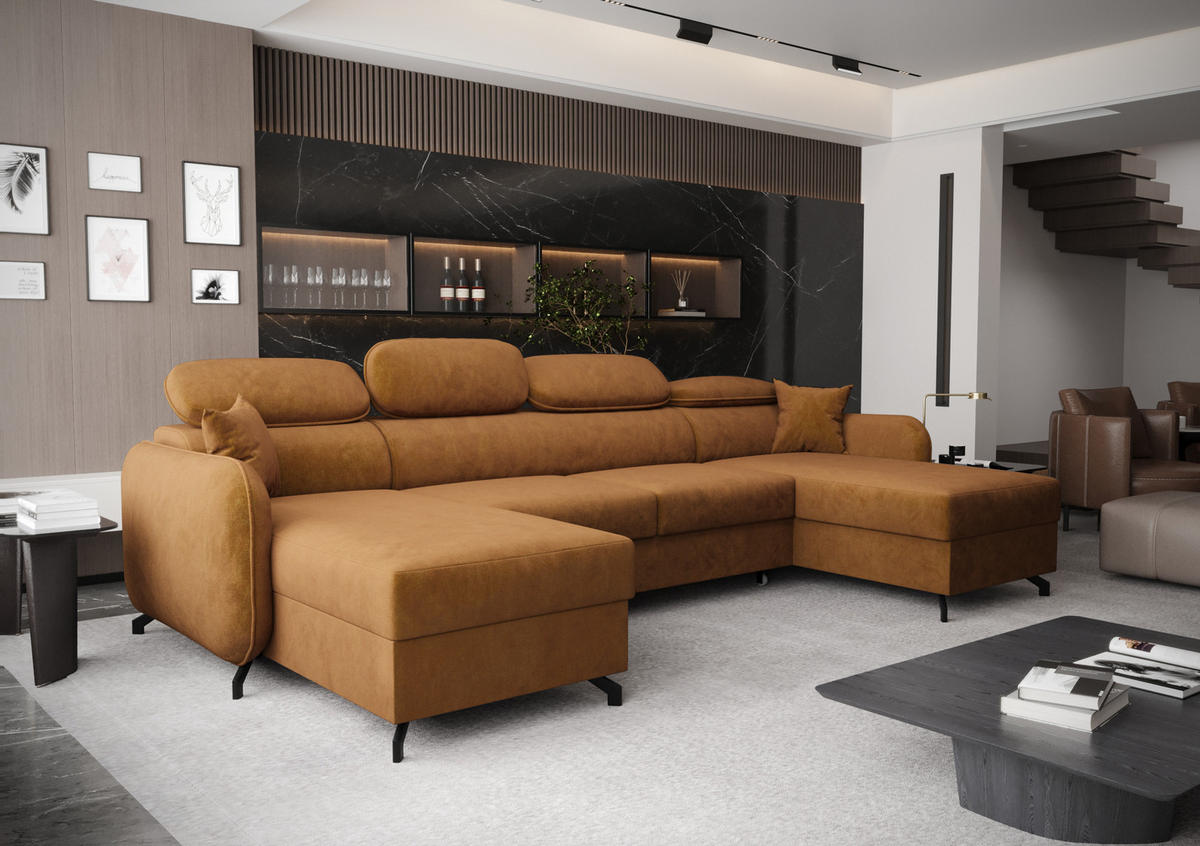 WOHNLANDSCHAFT Ribella 5 Gelb 345/180/100 cm mit Schlaffunktion - Gelb/Schwarz, Textil/Metall (345/100/180cm) - AX Living