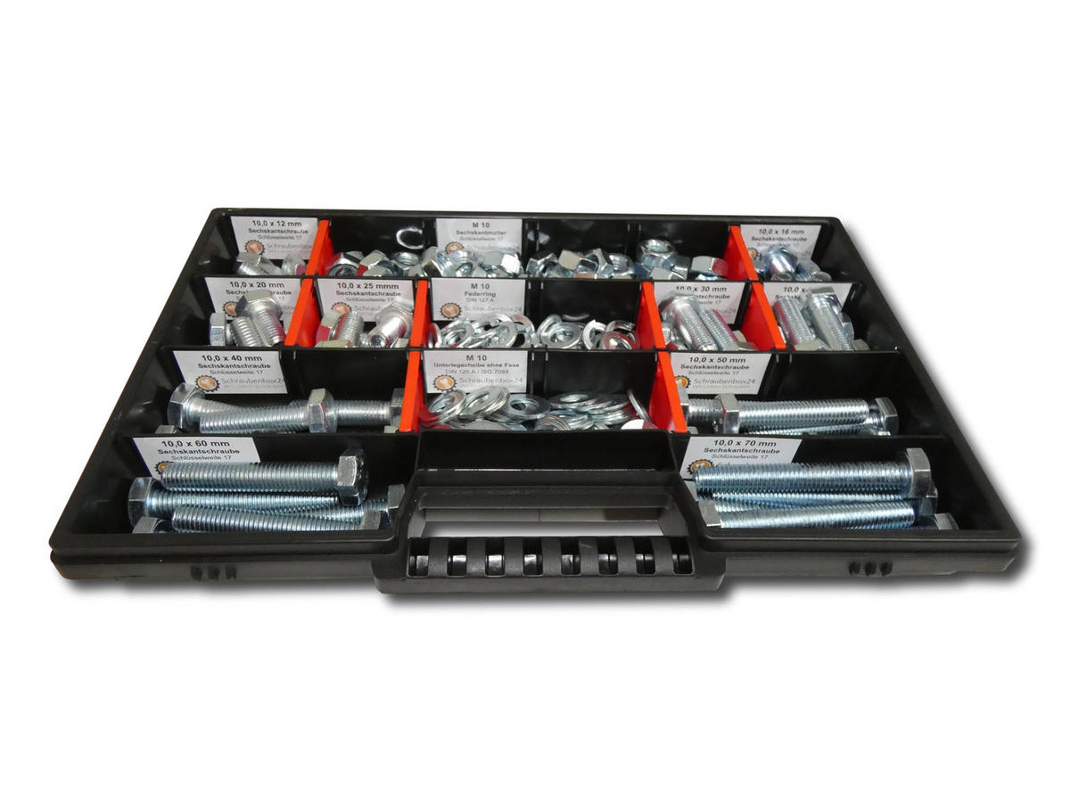 SCHRAUBENSET mit Sechskantschrauben, Muttern, Unterlegscheiben und Federringen M8 // 12mm-70mm 400 tlg - Zinkfarben, Metall (8/3.5cm) - Schraubenbox24