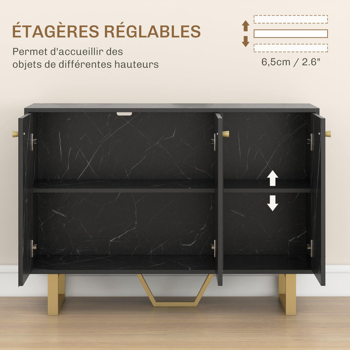 SIDEBOARD DE-11101 2 Schränke, 3 Türen & verstellbare Böden Schwarz - Schwarz, Holzwerkstoff (107/75/35cm) - ComfortXL