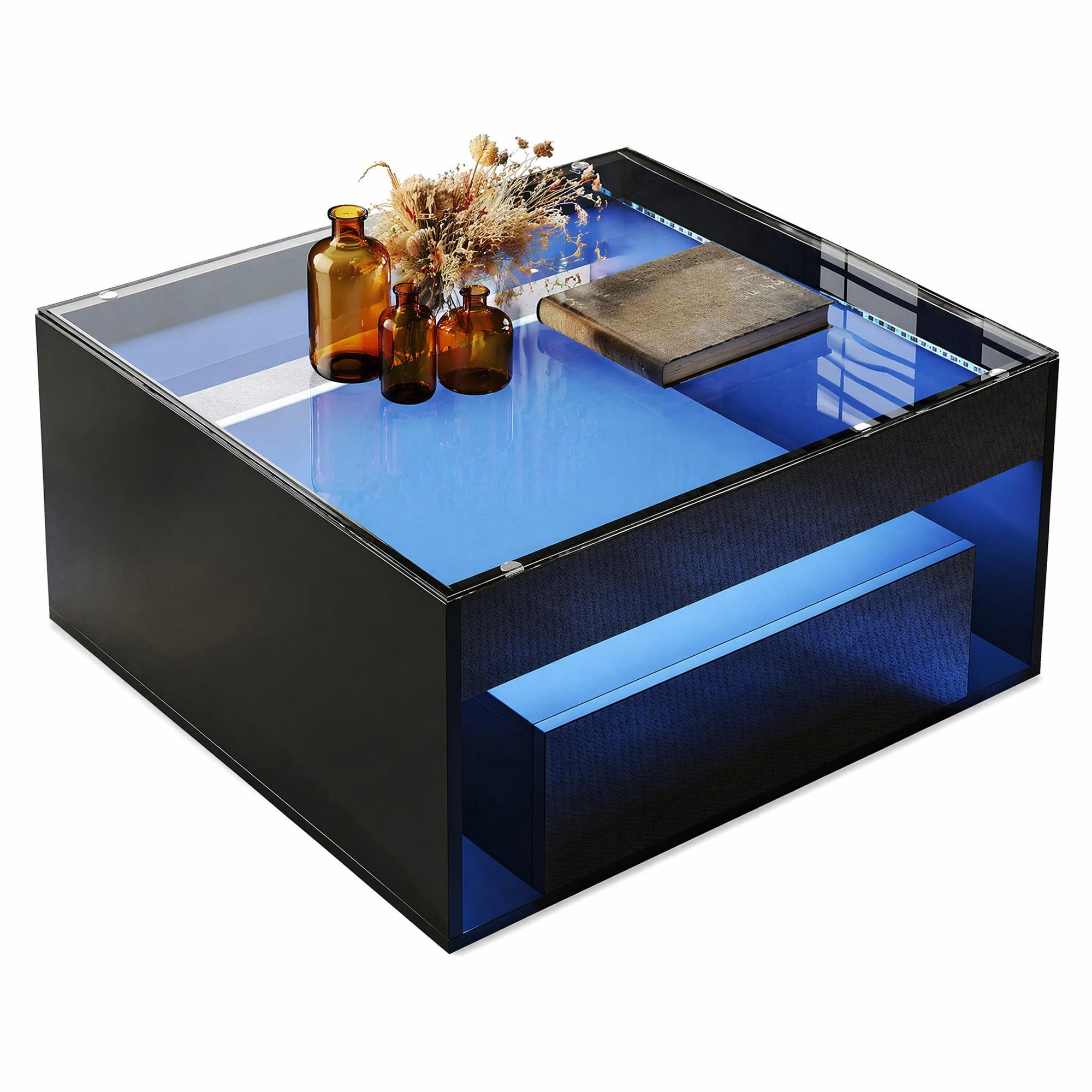 COUCHTISCH aus MDF und Glas 70x70x35 cm Schwarz mit 2 Schubladen und LED-Beleuchtung - Schwarz, Holzwerkstoff (70/70/35cm) - IVMEU