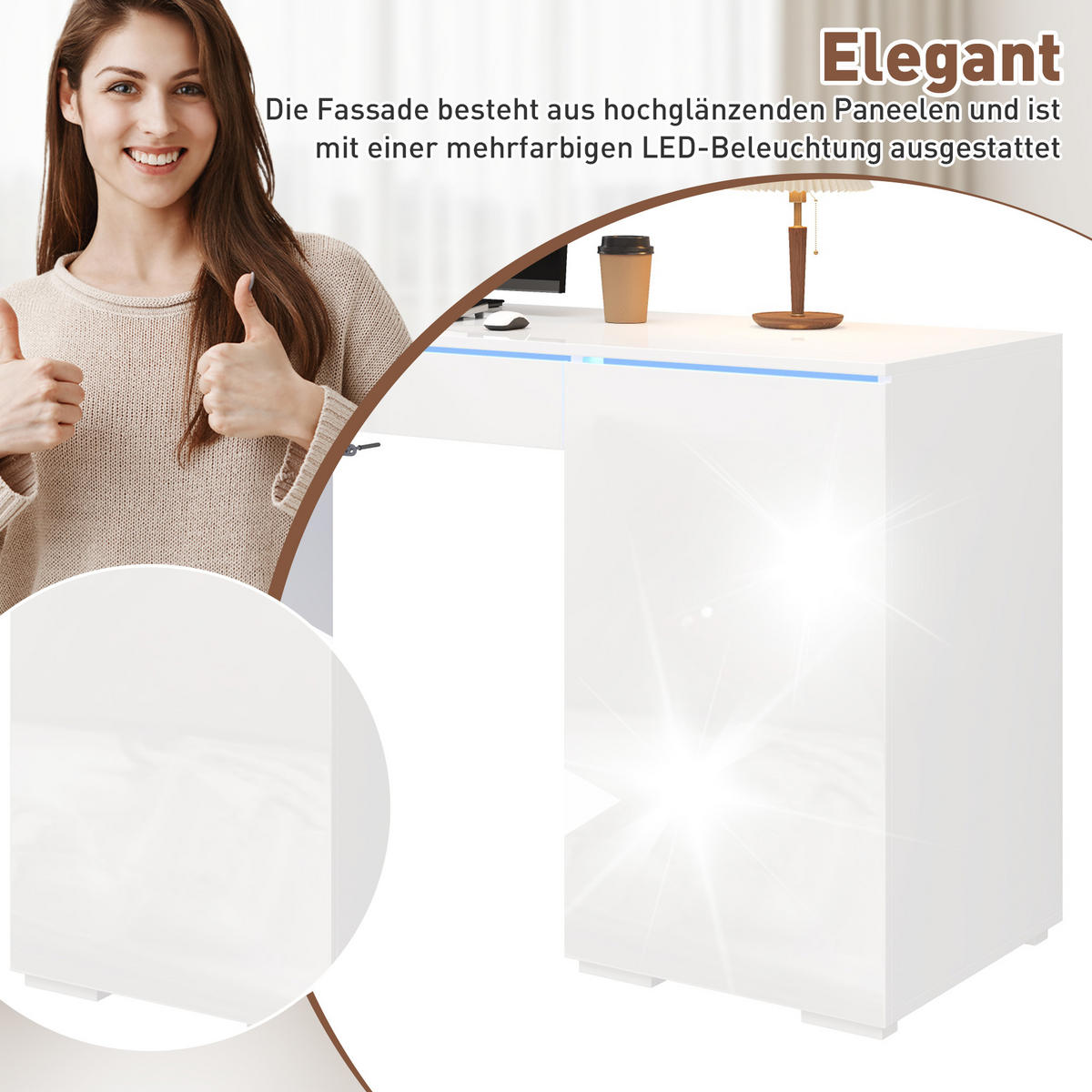 SCHREIBTISCH Weiß Hochglanz 140/50/78 cm mit LED-Beleuchtung und Schublade - Weiß, Holzwerkstoff (50/140/78cm) - PANGIVO