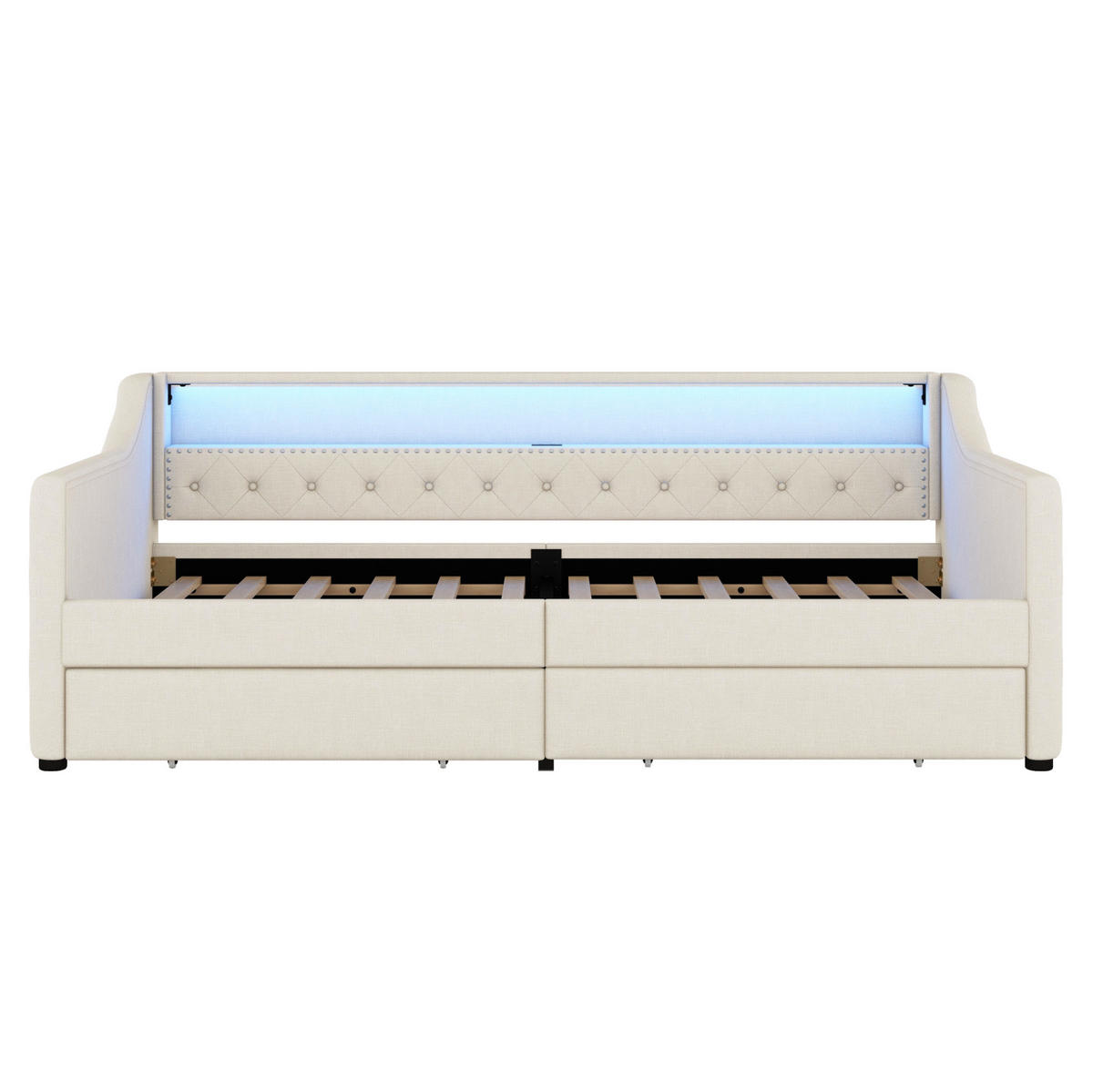POLSTERBETT 90/200 cm Beige mit LED-Beleuchtung, USB-Anschluss und 2 Schubladen - Beige, Textil (90/200cm) - Flora Grace
