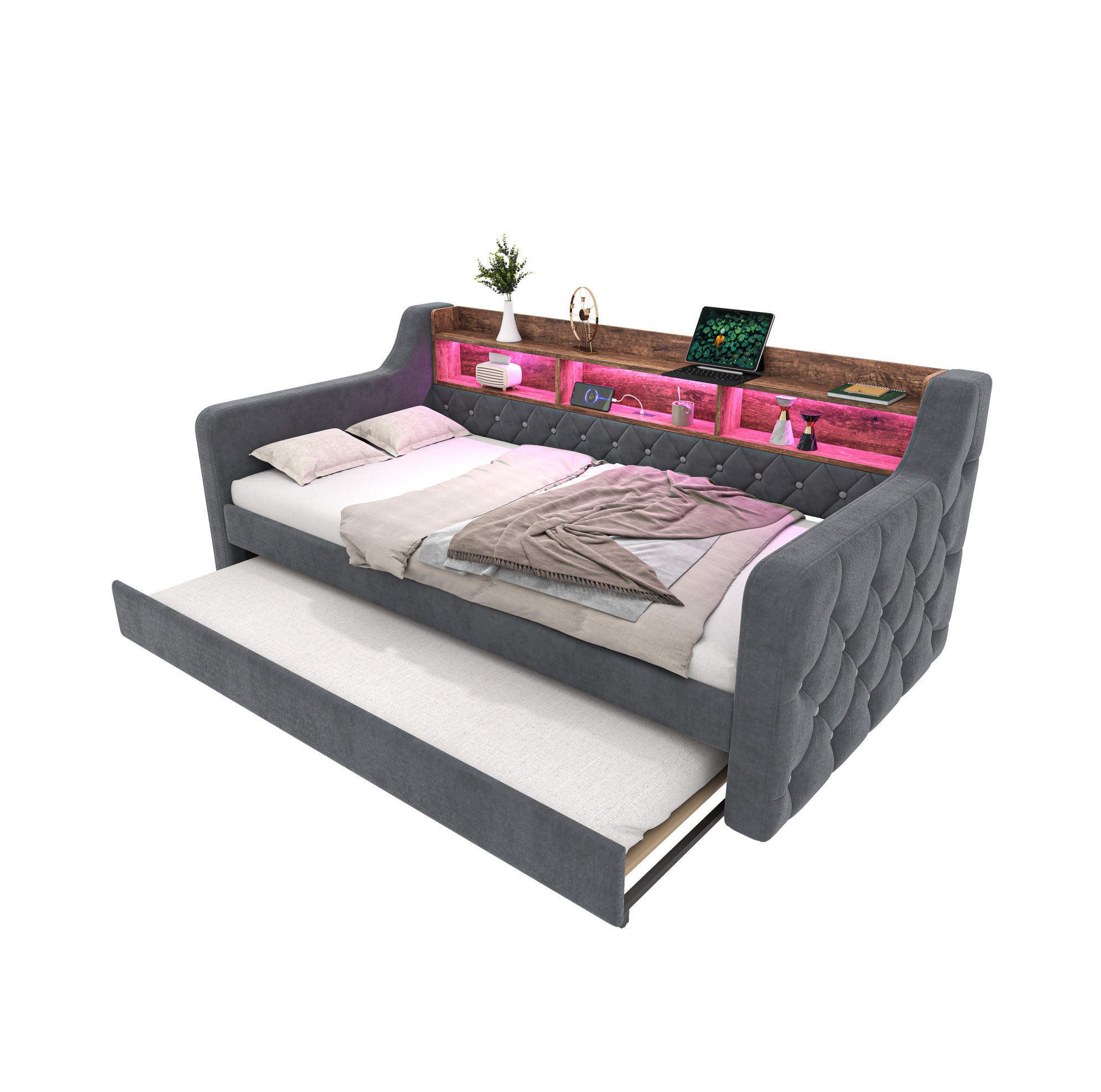 POLSTERBETT 90/190 cm Dunkelgrau aus Samt mit Stauraum - Dunkelgrau, Textil - OKMYHOME