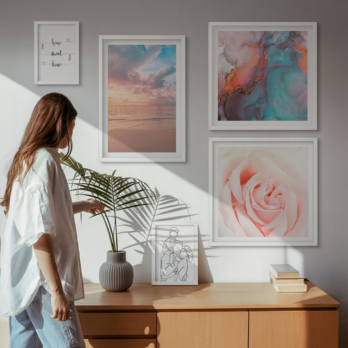 WANDBILDER 5er-Set - 50x50 cm & 20x30 cm & 40x60 cm Weißer Rahmen - Blumenfamilie minimalistisch - Weiß, Kunststoff (40/60cm) - ArtPrintCave