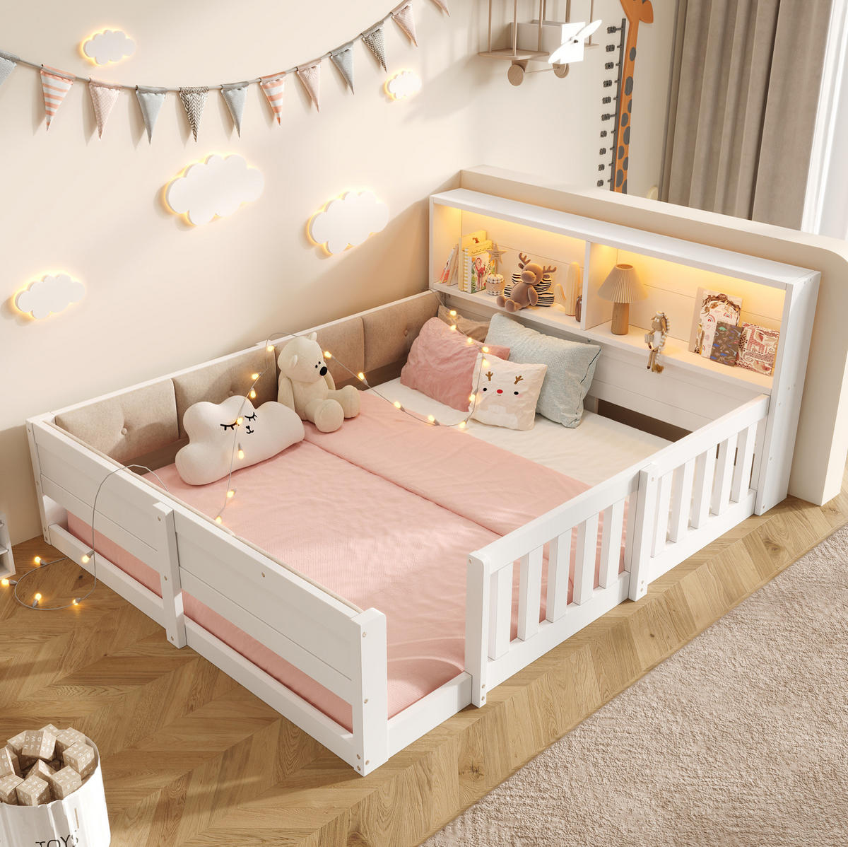 KINDERBETT aus Spanplatte & Plüsch 140x200 cm Weiß/Natur mit Gitter, LED und Kopfteil mit Stauraum - Weiß, Holzwerkstoff (140/200cm) - Modfu