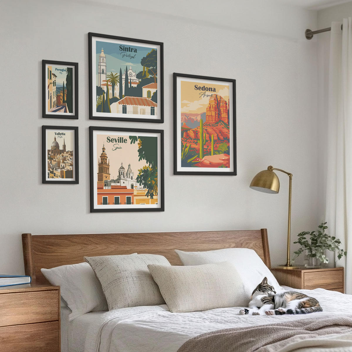 WANDBILDER 5er-Set - 50x50 cm & 20x30 cm & 40x60 cm Schwarzer Rahmen - Illustrationen von Küstenstädten - Schwarz, Kunststoff (40/60cm) - ArtPrintCave
