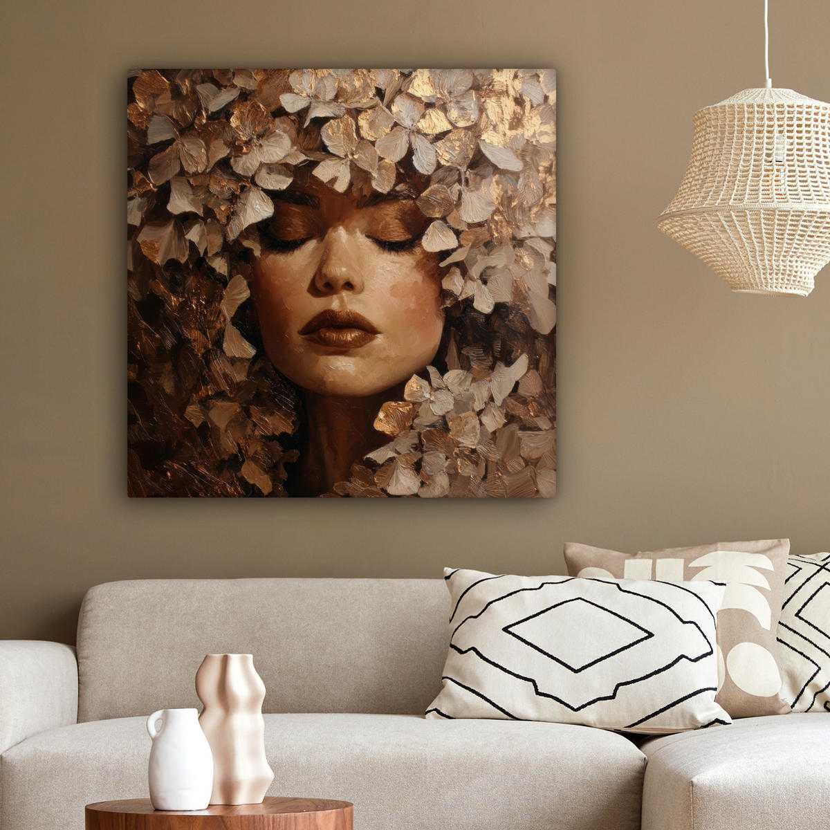 LEINWANDBILD Gesicht - Dame - Blätter - Pinselstriche Deko Groß 90x90 cm - Goldfarben, Textil (90/90cm) - MuchoWow