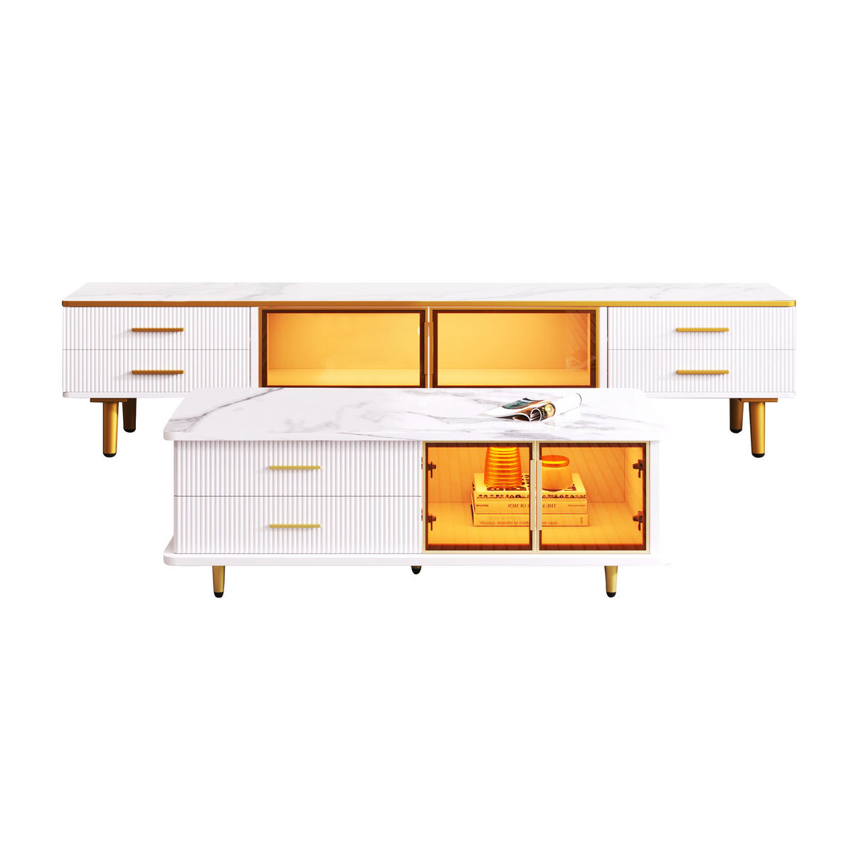 COUCHTISCH SET modulare Möbel Marmorstruktur goldene Griffe & Beine Weiß - Weiß, Holz (115/57/18cm) - FLIEKS