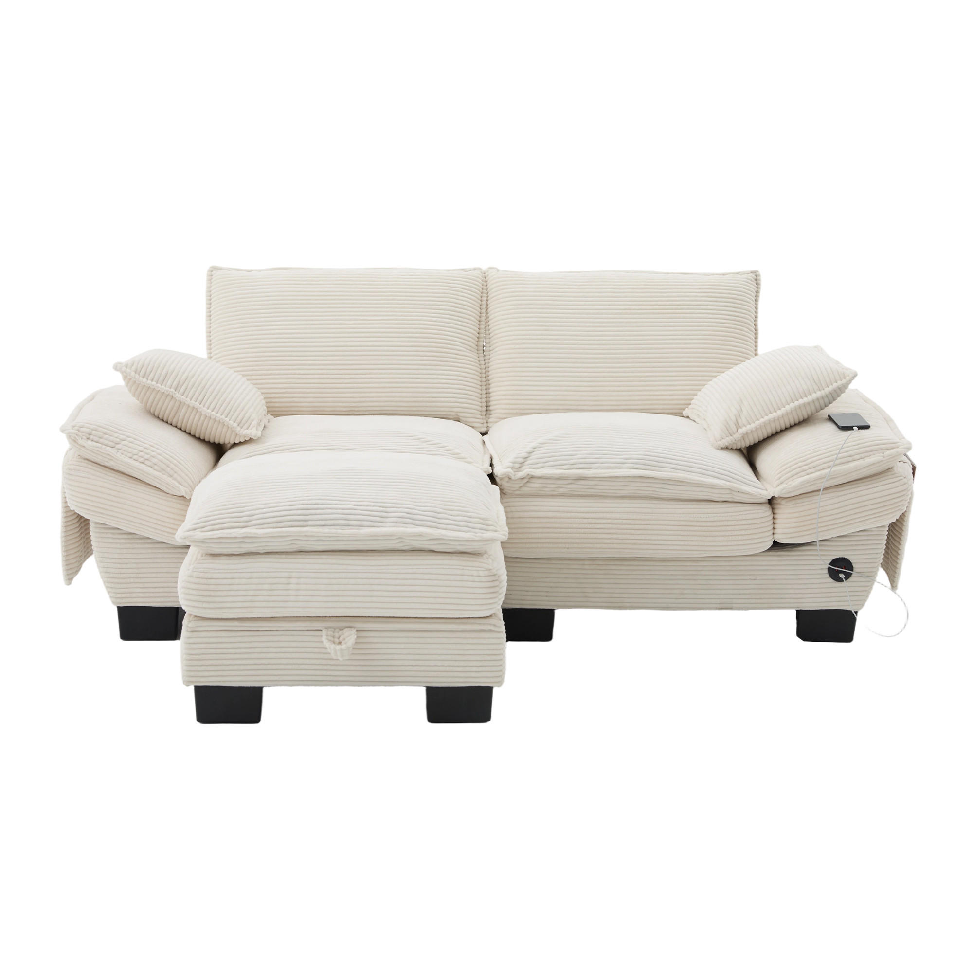 2-SITZER SOFA Cord Beige mit Hocker, USB-C und Seitentaschen - Beige, Holzwerkstoff/Kunststoff (190/132cm) - WISHDOR
