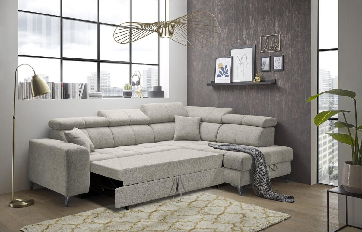 ECKSOFA mit Schlaffunktion und Bettkasten, Luxus-Mikrofaser - Beige/Schwarz, Textil/Metall (198/282cm) - ed exciting design