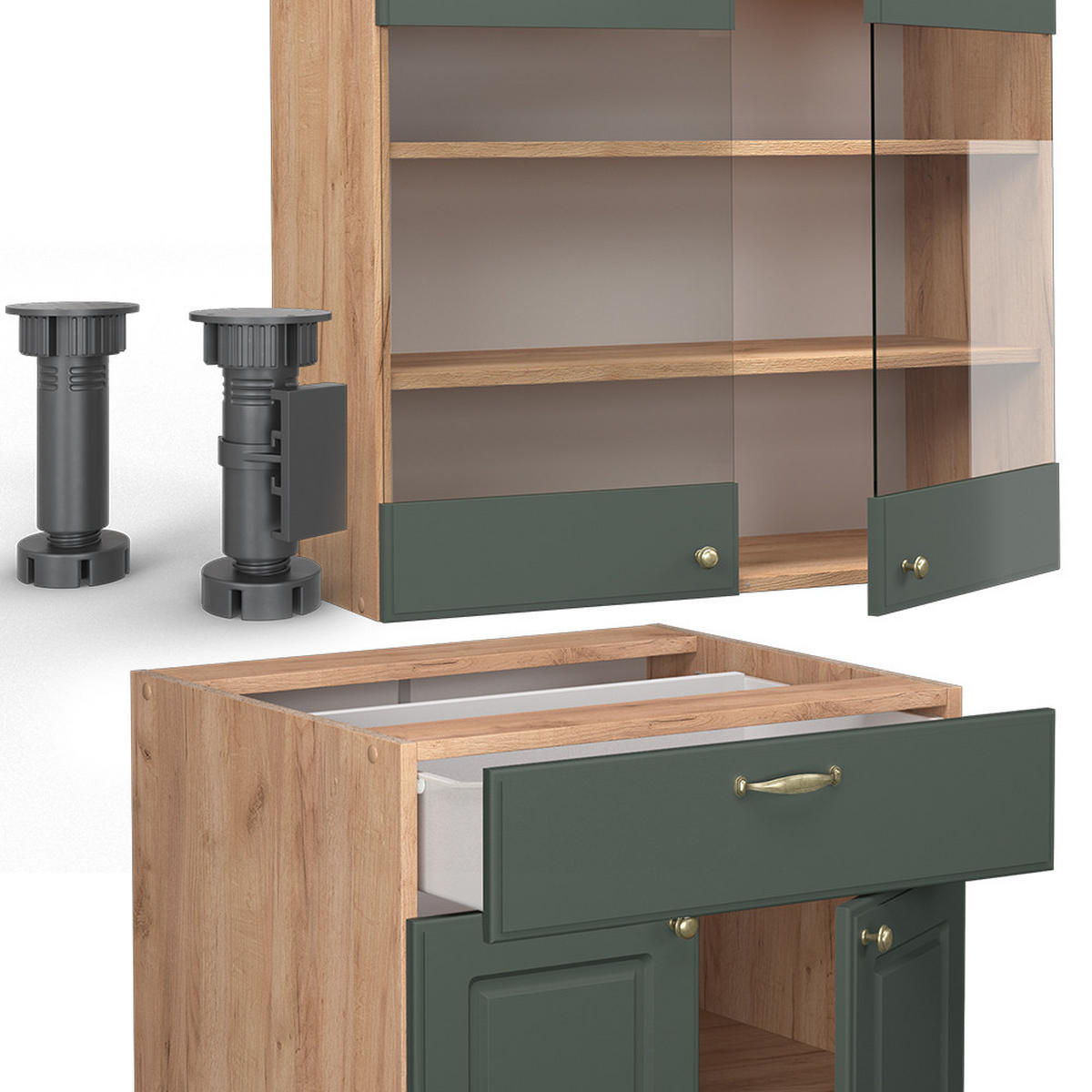 SINGLEKÜCHE Fame-Line Grün-Gold Landhaus/Goldkraft Eiche 140 cm AP Eiche - Honigeiche/Grün, Holzwerkstoff (140/81.6/60cm) - Vicco
