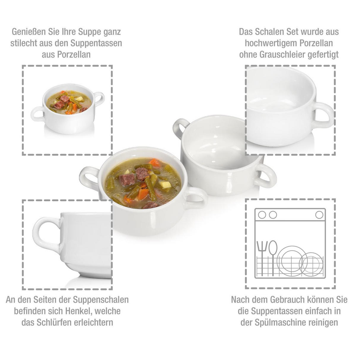 SUPPENSCHÜSSEL SET - 6 teilig aus Porzellan - Weiß, Keramik (9.8cm) - Sänger