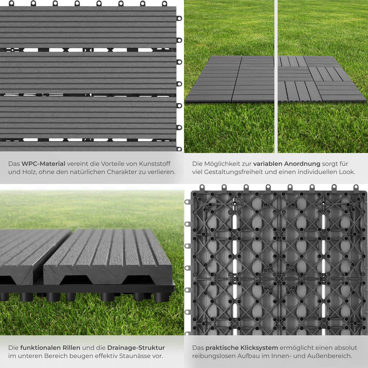 TERRASSENFLIESEN Tegulas,31 x 31 x 2,2 cm,grau - Grau, Kunststoff (31/31/2.2cm) - tectake