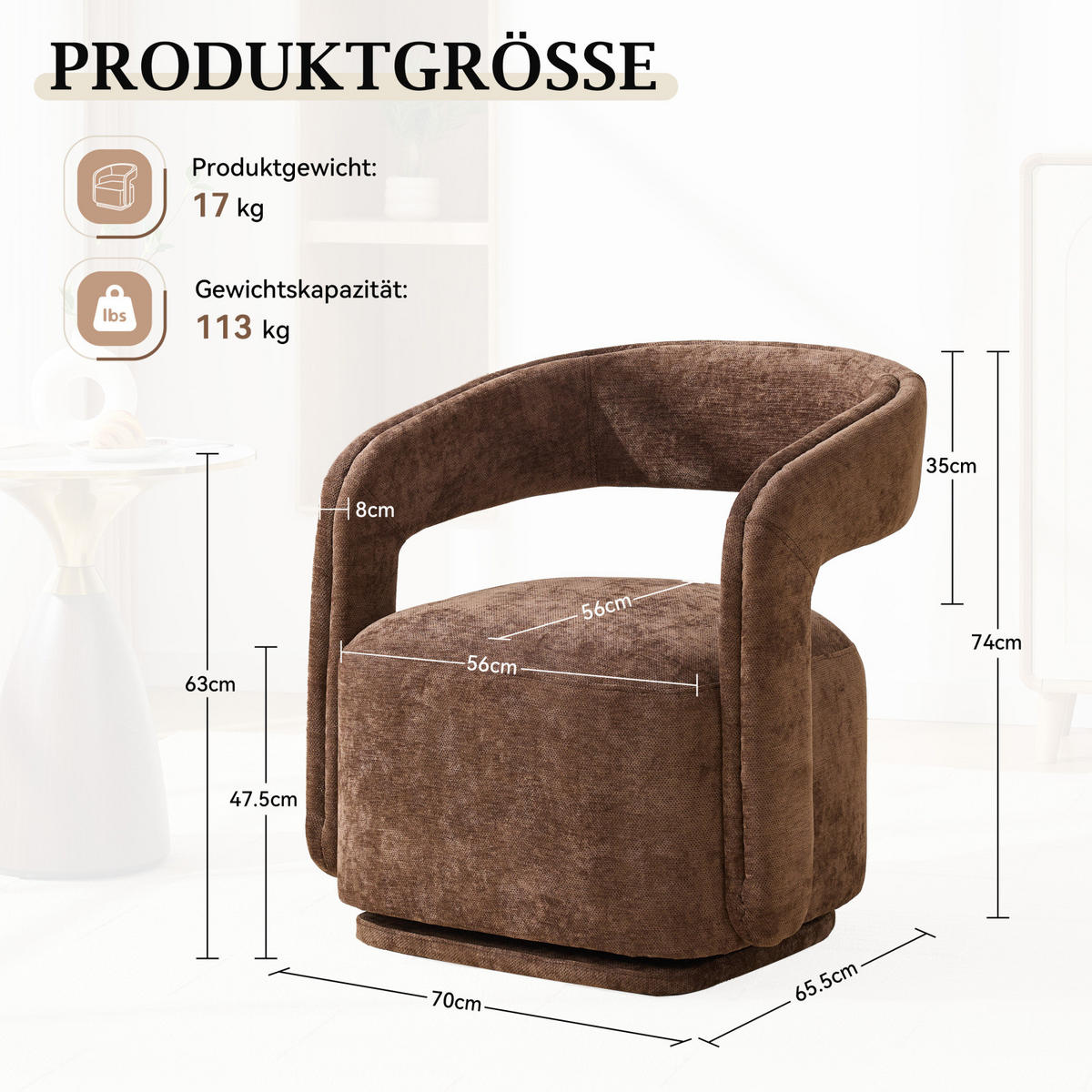SESSEL,360 Grad Drehsessel Chenille Braun, Wohnzimmer Relaxsessel - Braun, Textil (70/74/65cm) - PARAFTA HOME