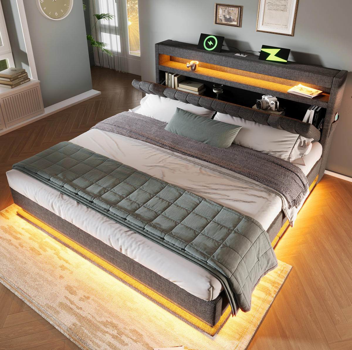 POLSTERBETT mit Stauraum und LED 180x200 cm Leinen Grau - Grau, Metall (180/200cm) - Meubliv