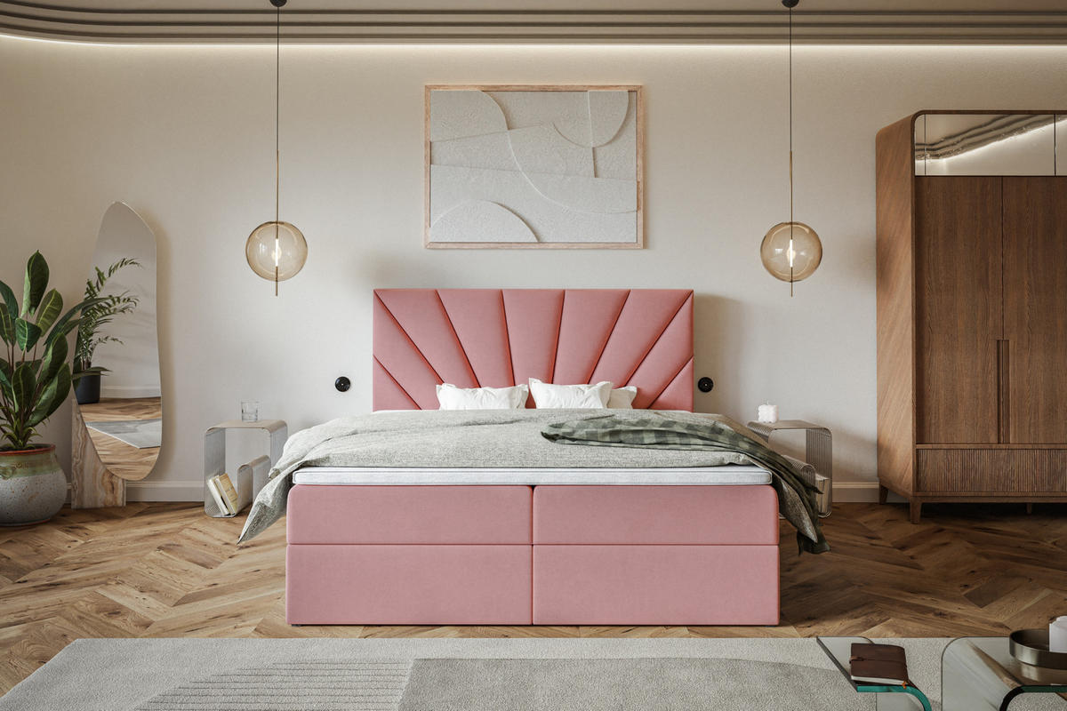 BOXBETT DENVER mit 2 Bettkästen, 120x200, Farbe: Rosa, Velourstoff, Doppelbett mit Bonell-Matratze - Rosa, Holz/Kunststoff (120/200cm) - Alpi-Möbel