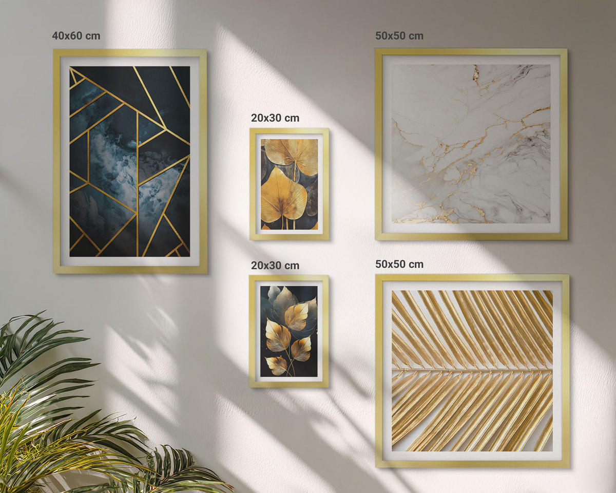 BILDER SET 5er Set - 50x50 cm & 20x30 cm & 40x60 cm Goldrahmen - Moderne Pflanzenmuster - Goldfarben, Kunststoff (40/60cm) - TULUP
