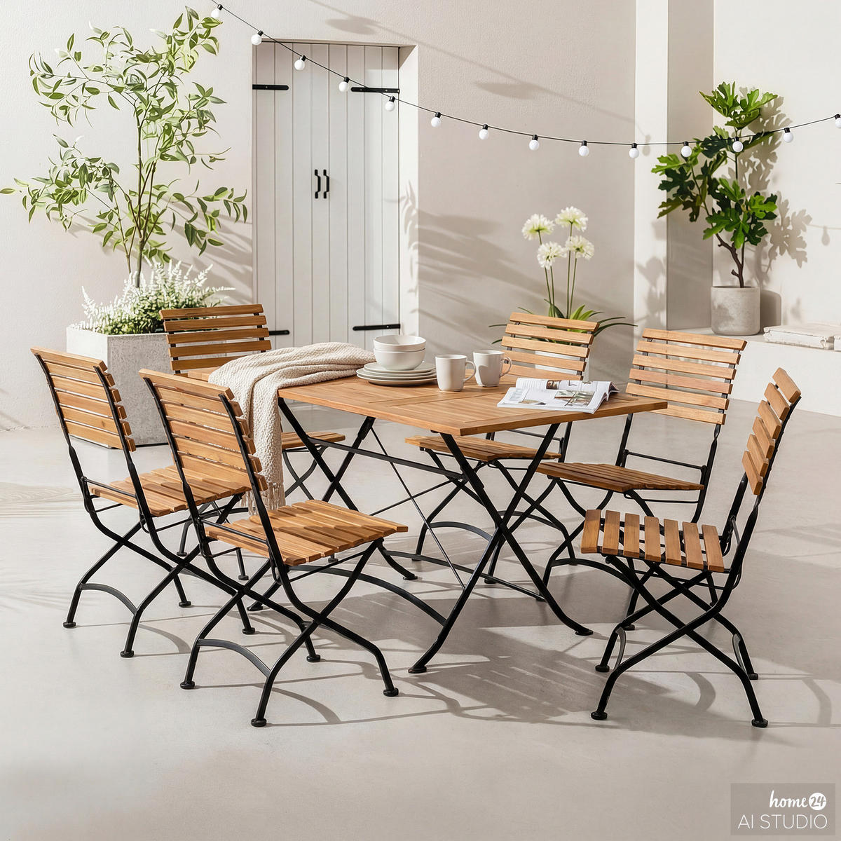 GARTENESSGRUPPE - Akazie massiv / Stahl - Akazie / Schwarz - 7-teilig - Schwarz/Akaziefarben, Holz/Metall - home24