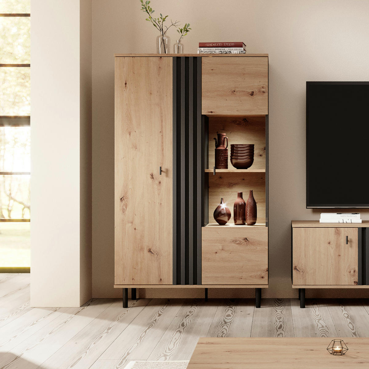 VITRINE MANDAL WIT1 MDF-Leiste Eiche Eiche - Eichefarben/Braun, Glas/Holzwerkstoff (90/149/40cm) - Komodee