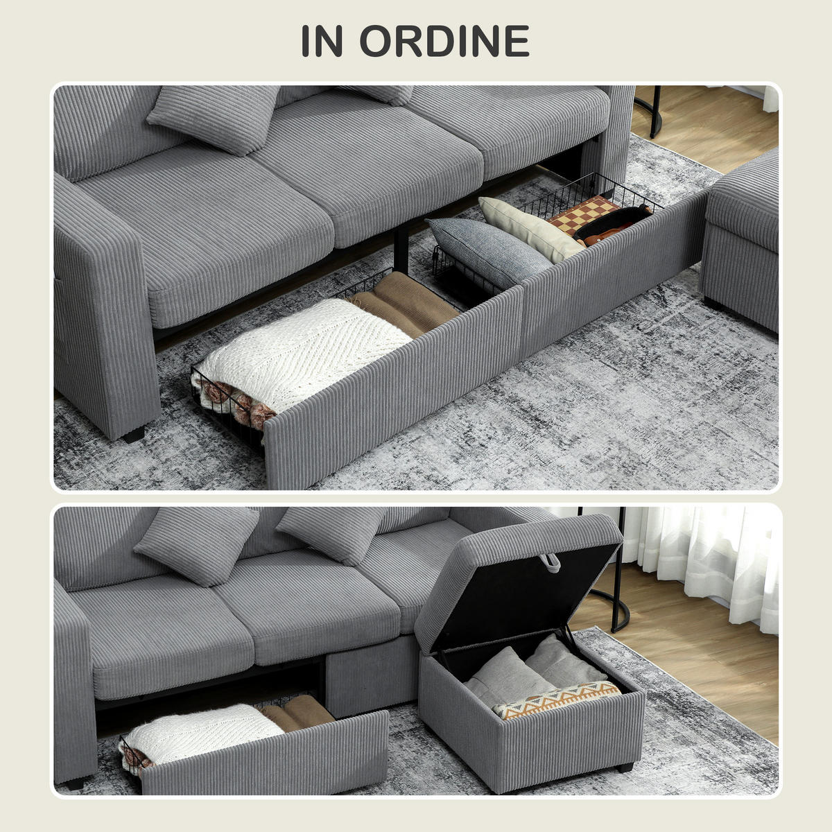 SOFA, 3-Sitzer, modular, Stauraumhocker, Cord, hellgrau, 196x139x85cm - Multicolor, Holzwerkstoff (194/85/139cm) - FORIOUS